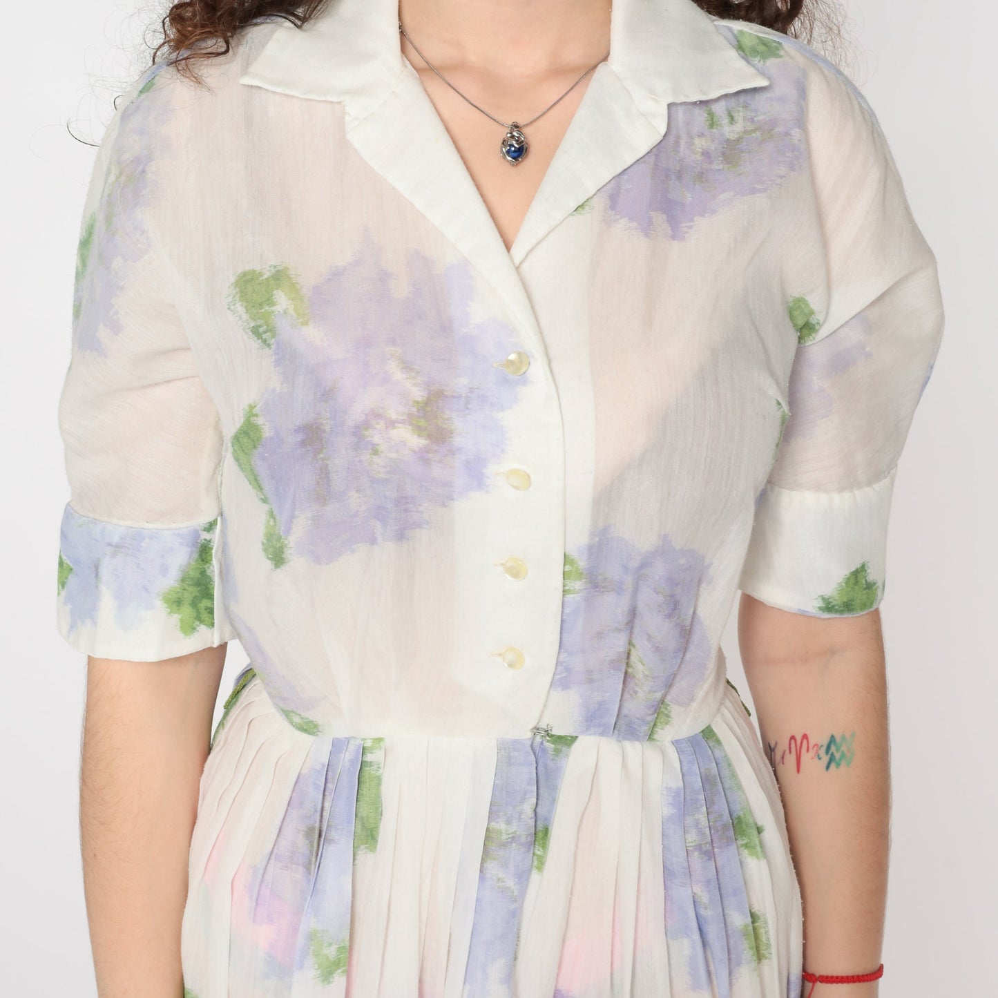 60s Floral Shirtwaist Dress White Lavender Button-Up Midi Small