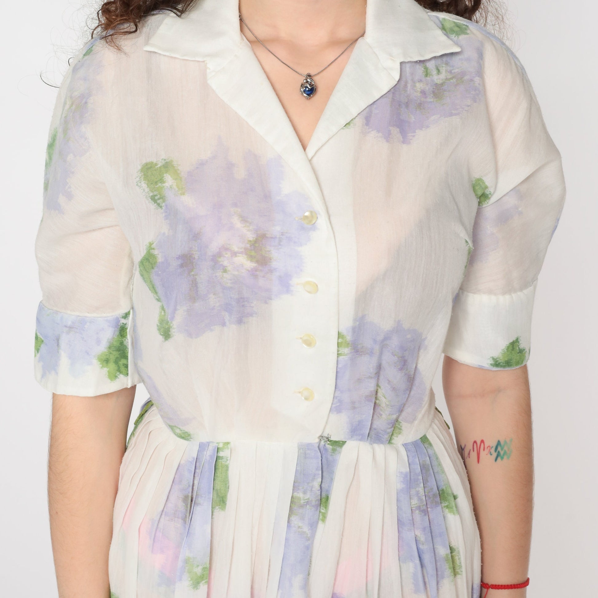 60s Floral Shirtwaist Dress White Lavender Button-Up Midi Small