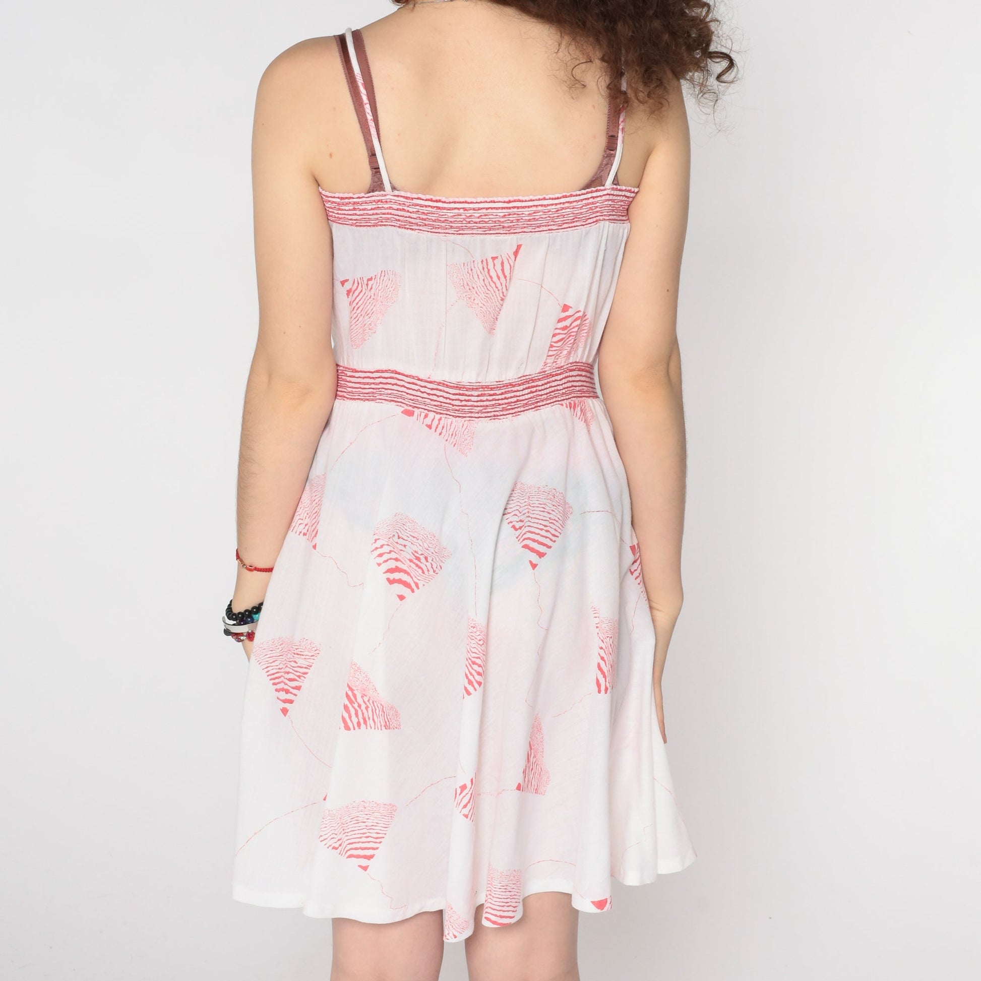80s White Geometric Mini Sundress Red Print Spaghetti Strap Medium
