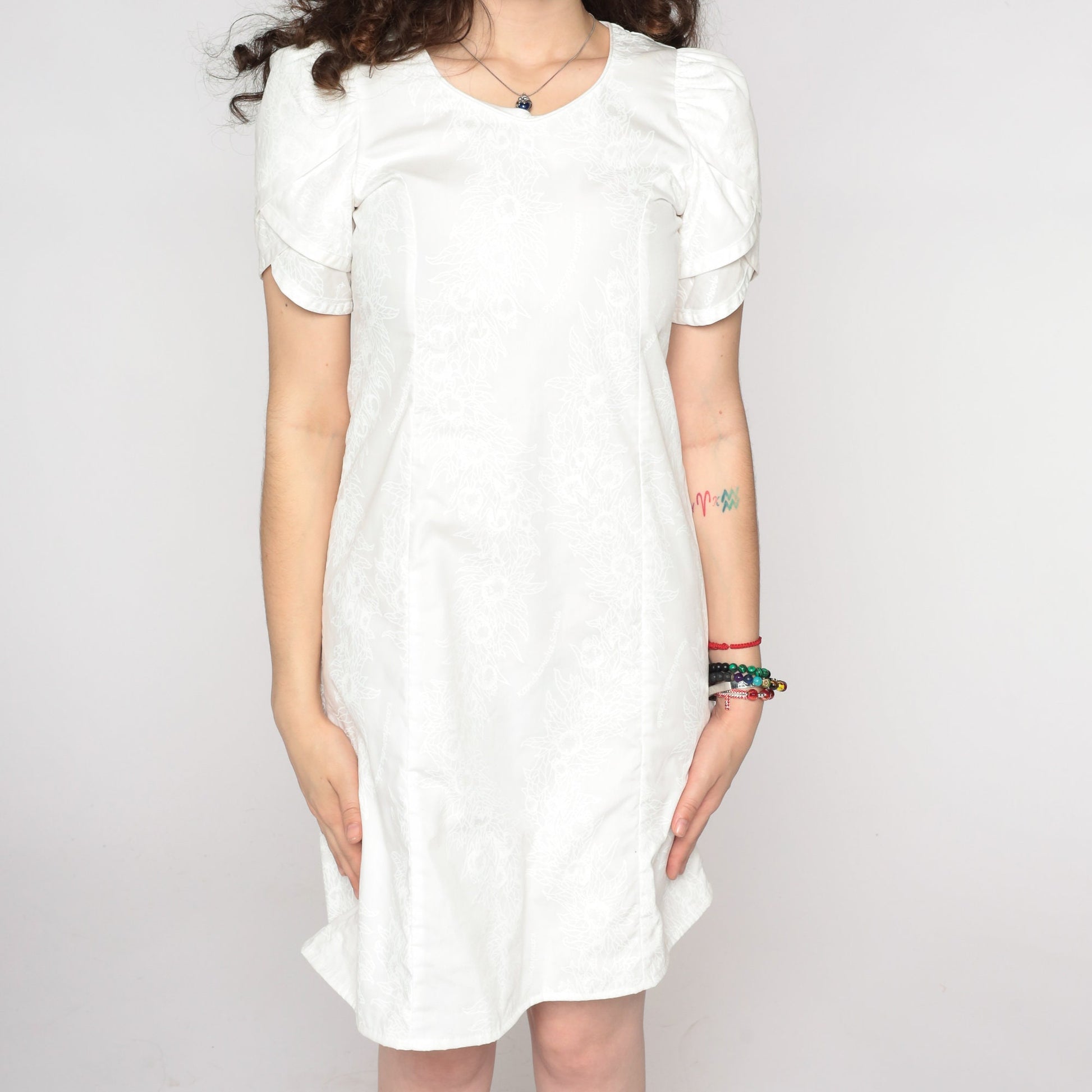 80s Hawaiian Kamehameha Schools Mini Dress White Floral Puff Sleeve Extra Small