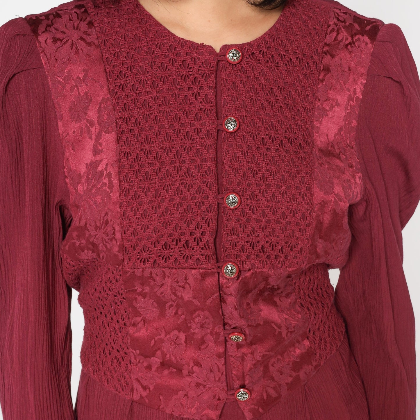90s Burgundy Brocade Floral Mini Dress Puff Sleeve Button Front Medium M