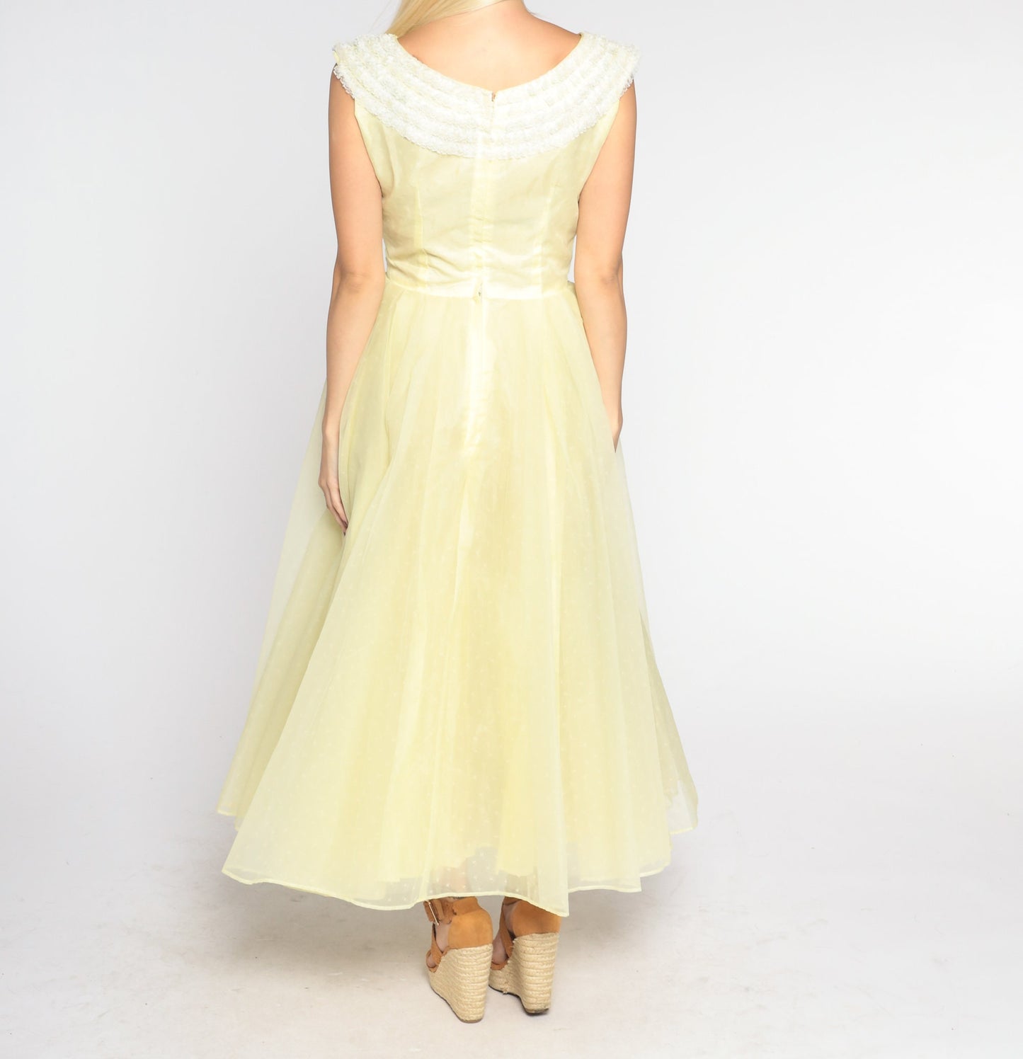 60s Yellow Chiffon Maxi Dress Lace Trim High Waist Full Skirt Extra Small