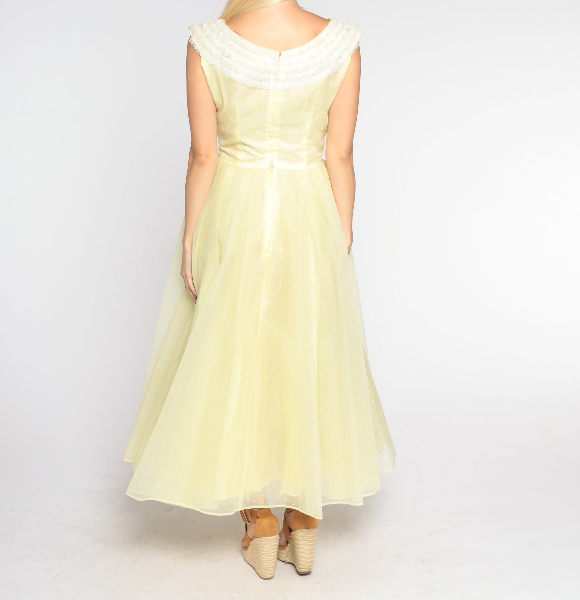 60s Yellow Chiffon Maxi Dress Lace Trim High Waist Full Skirt Extra Small