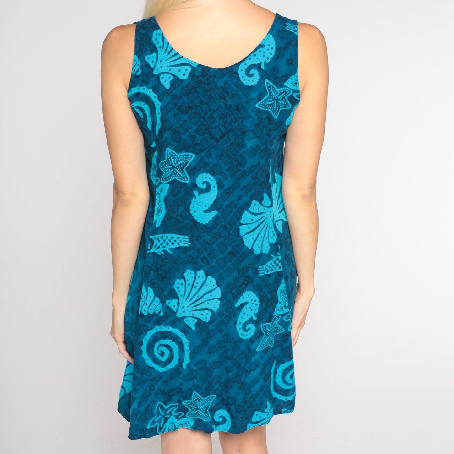 Y2K Blue Mini Tank Dress Fish Starfish Shell Seahorse Print Extra Small