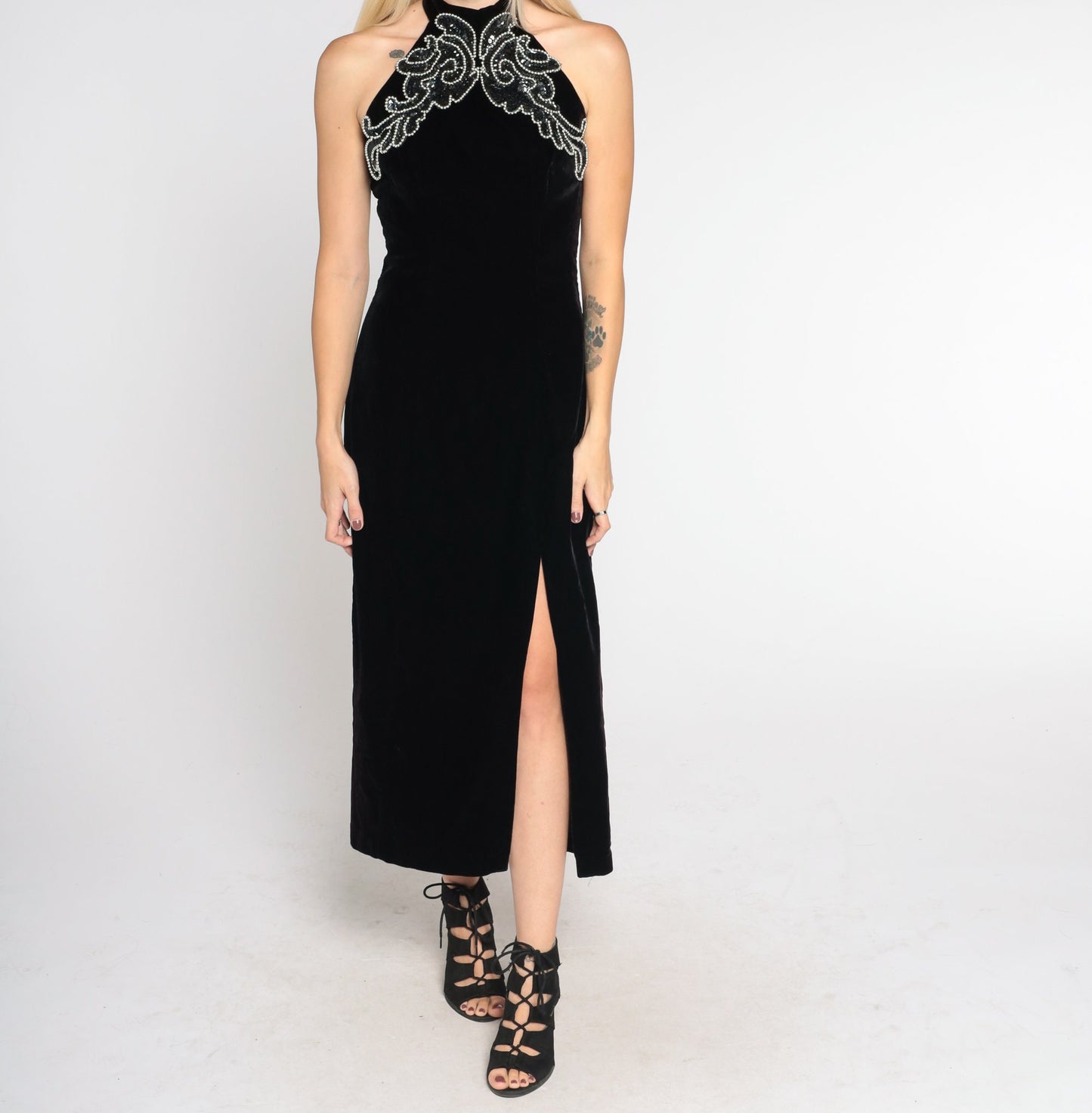 90s Black Velvet Midi Dress Beaded Halter Bodycon Open Back Extra Small