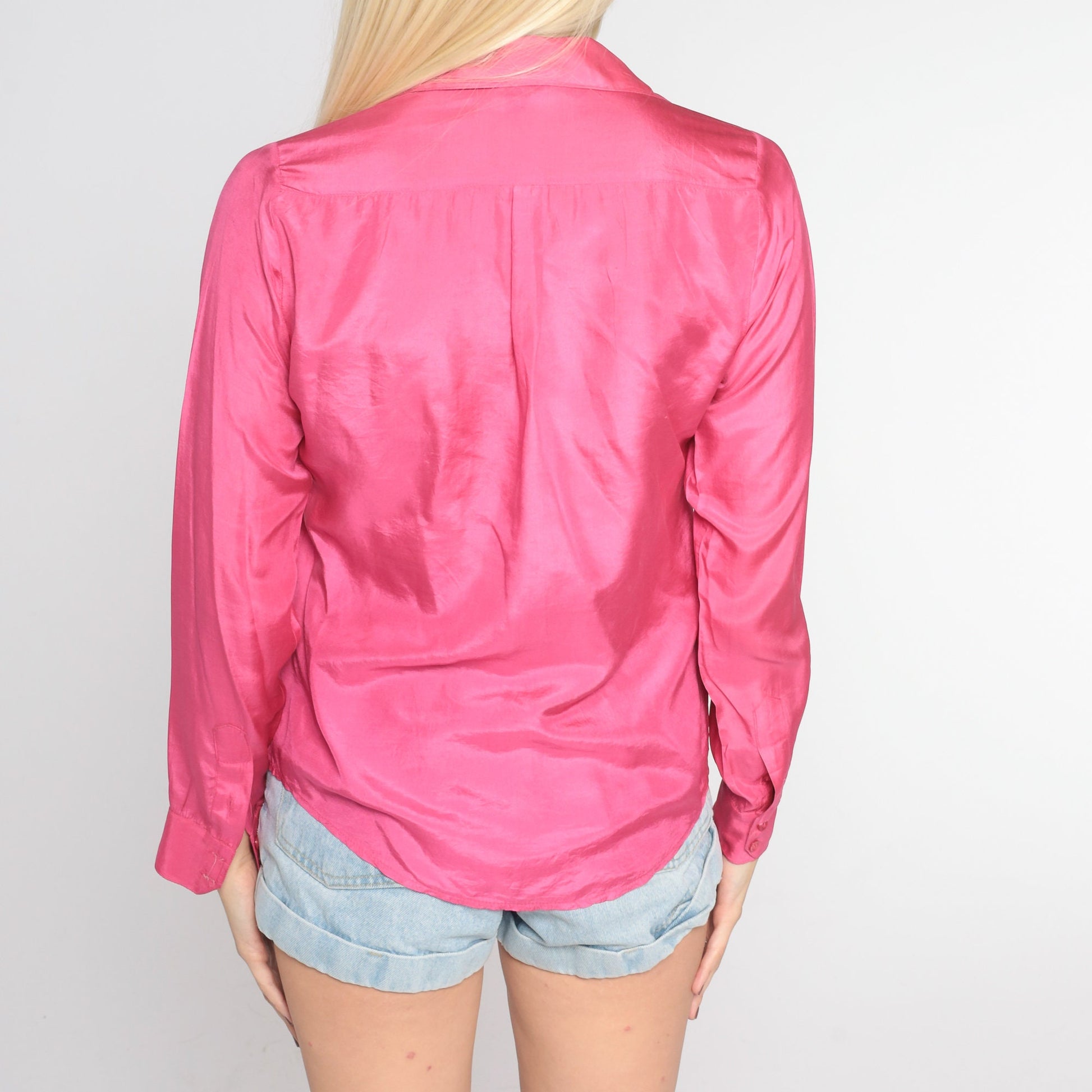 80s Pink Silk Button-Up Blouse Collared Long Sleeve Small