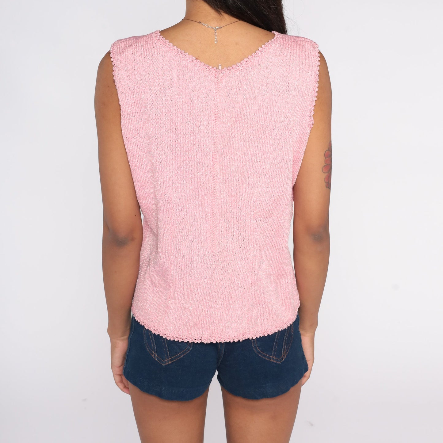 60s Pink Knit Tank Top Scalloped Trim Rear Zipper Large L