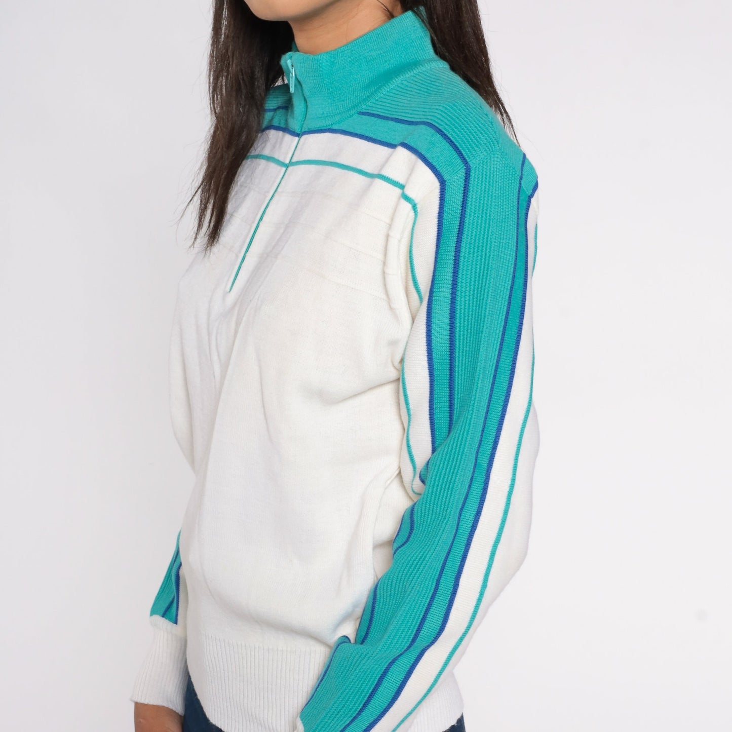 80s Meister Quarter Zip Sweater White Wool Blend Striped Knit Small S