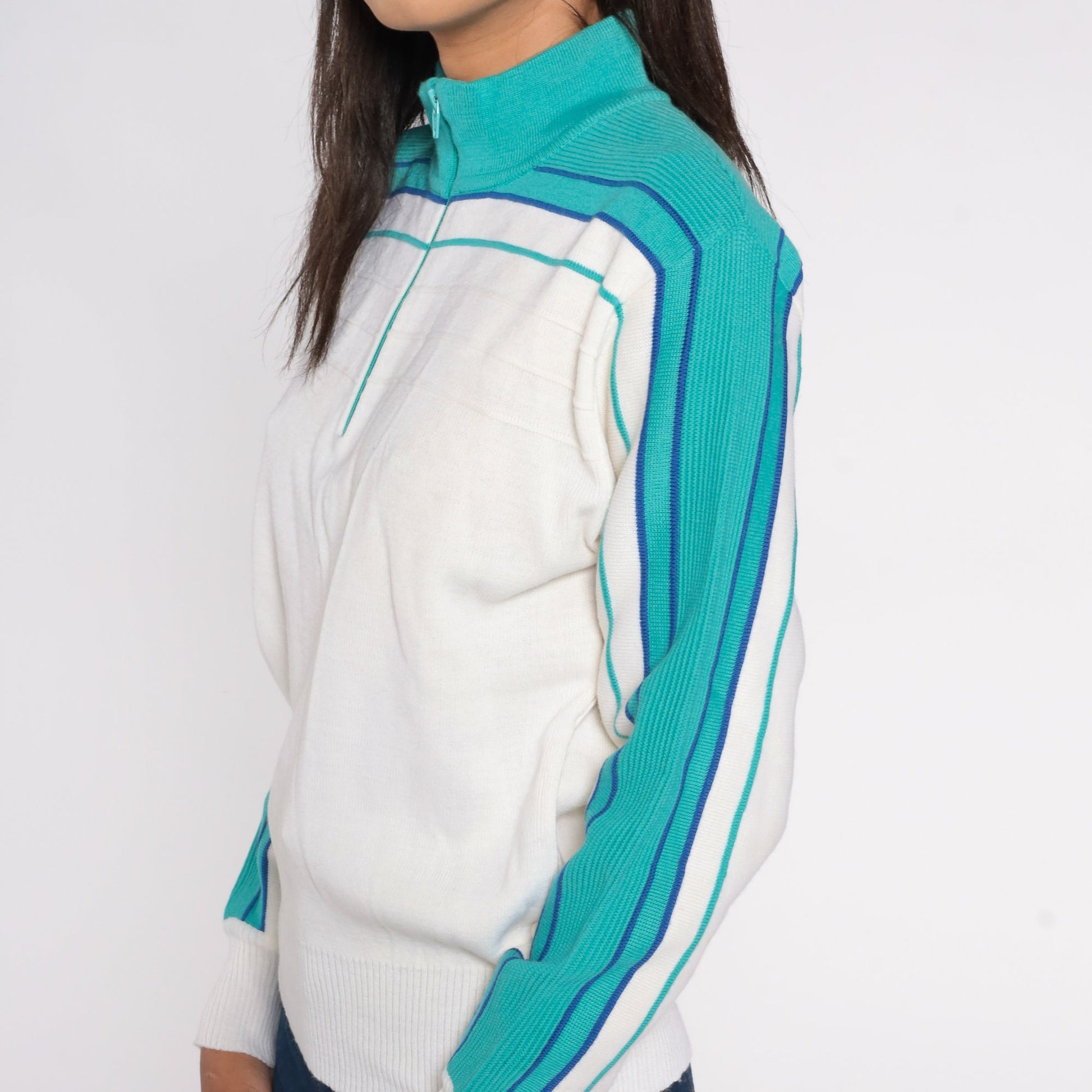 80s Meister Quarter Zip Sweater White Wool Blend Striped Knit Small S