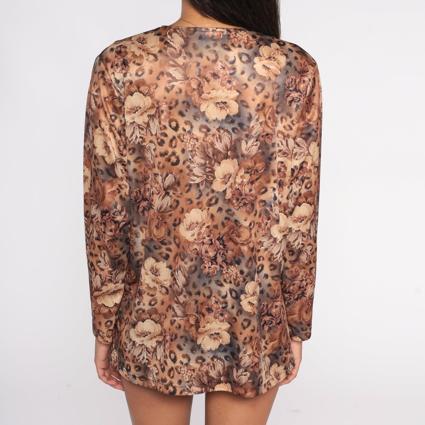 80s Floral Leopard Print Long Sleeve Blouse Animal Print Shirt Large