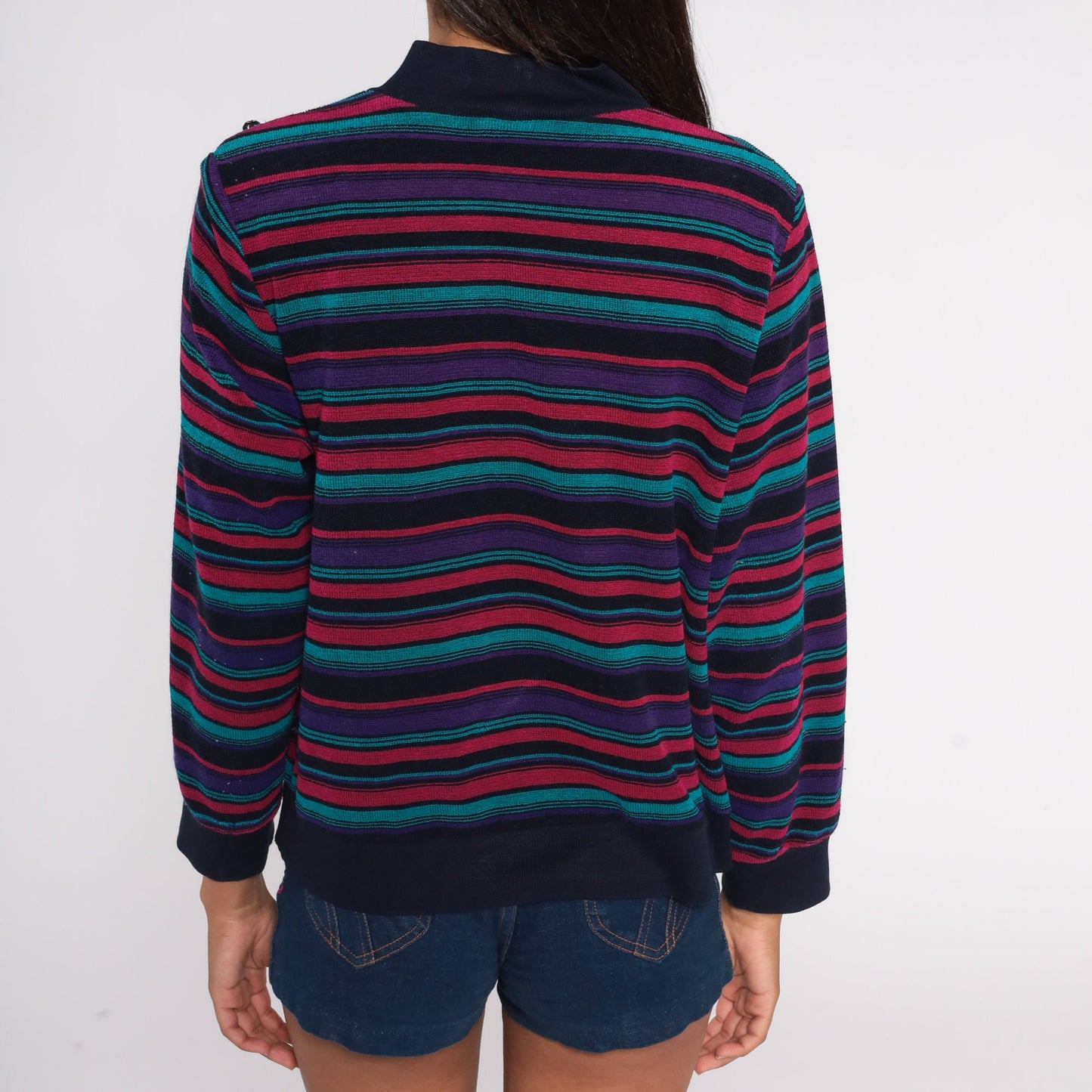 80s Striped Terry Cloth Mock Neck Blouse Floral Buttons Long Sleeve Large L