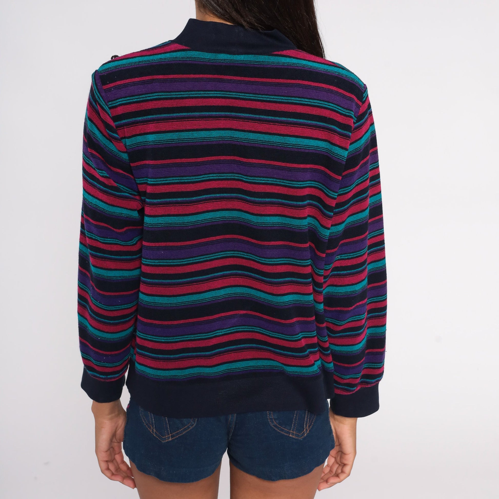 80s Striped Terry Cloth Mock Neck Blouse Floral Buttons Long Sleeve Large L