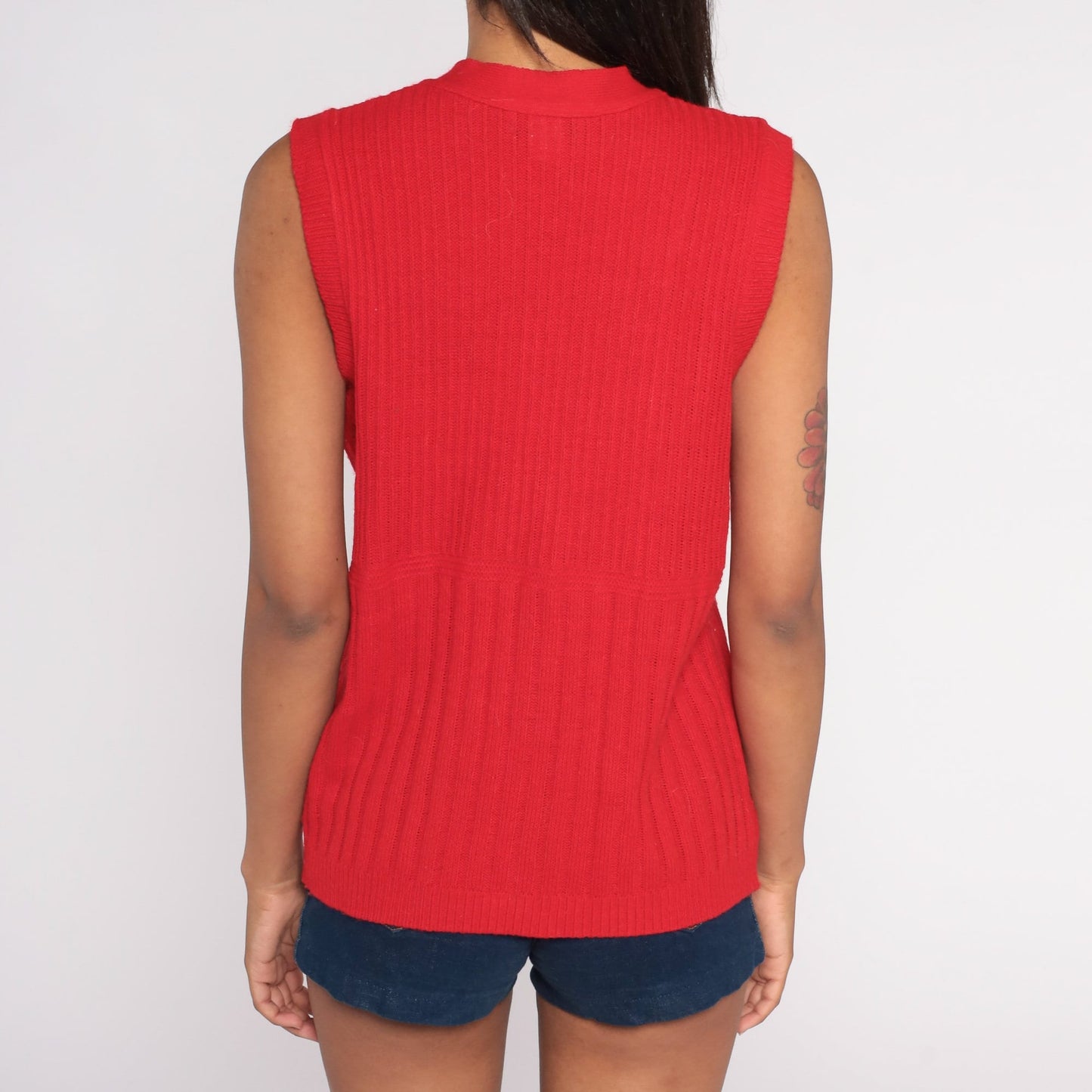 80s Red Ribbed Knit Sweater Vest Button-Up V-Neck Sleeveless Large L