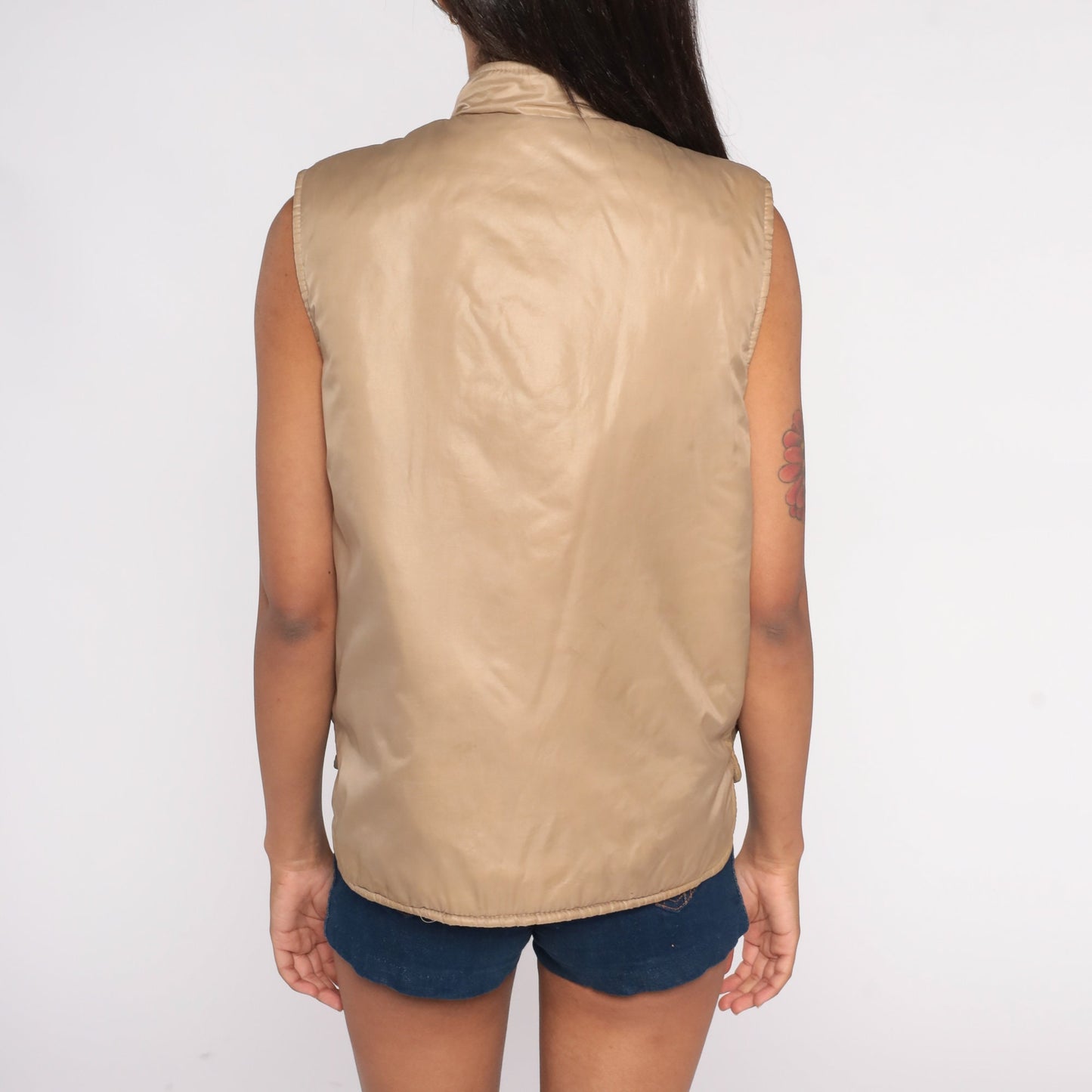 80s Tan Puffer Vest Nylon Snap-Up Sleeveless Jacket Cargo Pockets Medium