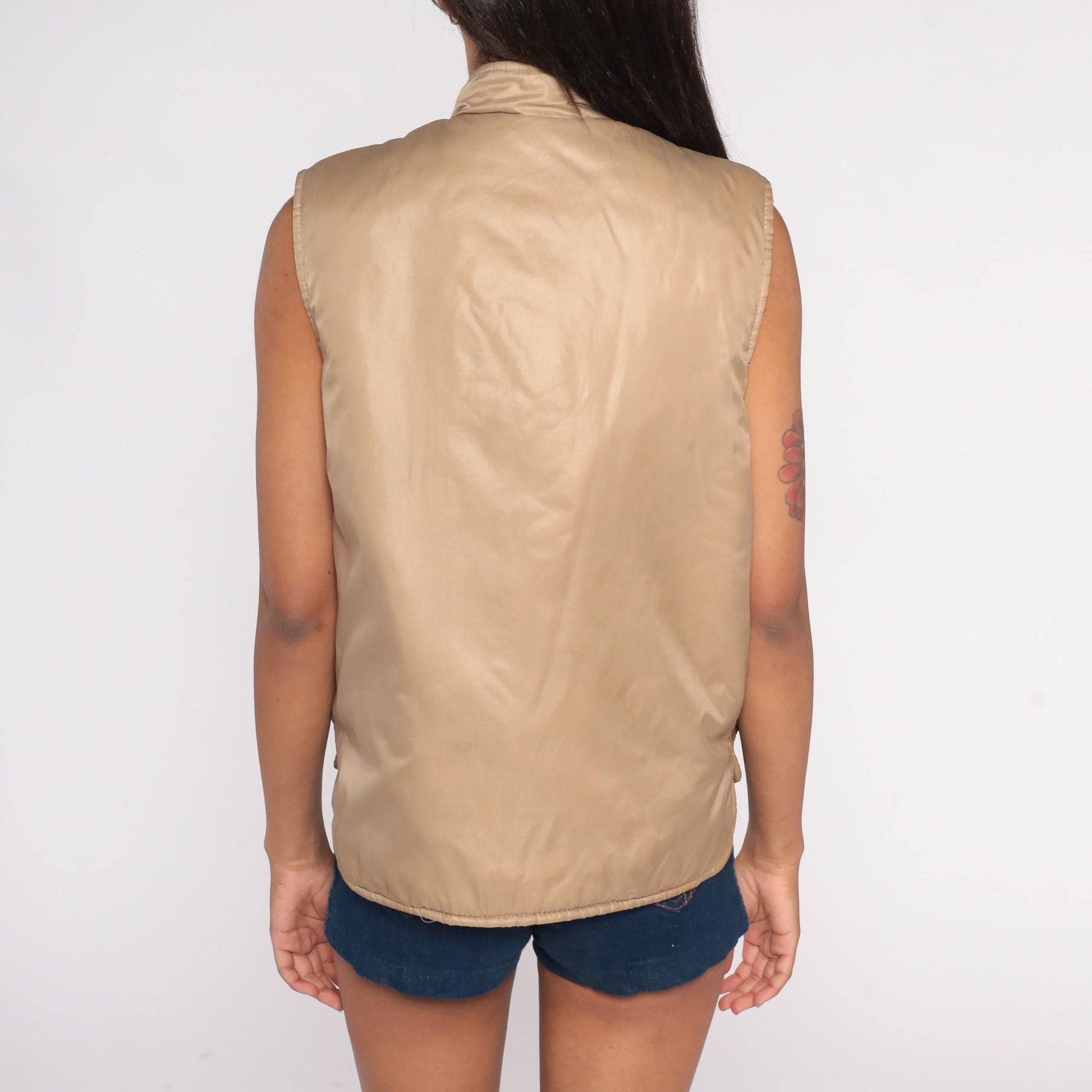 80s Tan Puffer Vest Nylon Snap-Up Sleeveless Jacket Cargo Pockets Medium