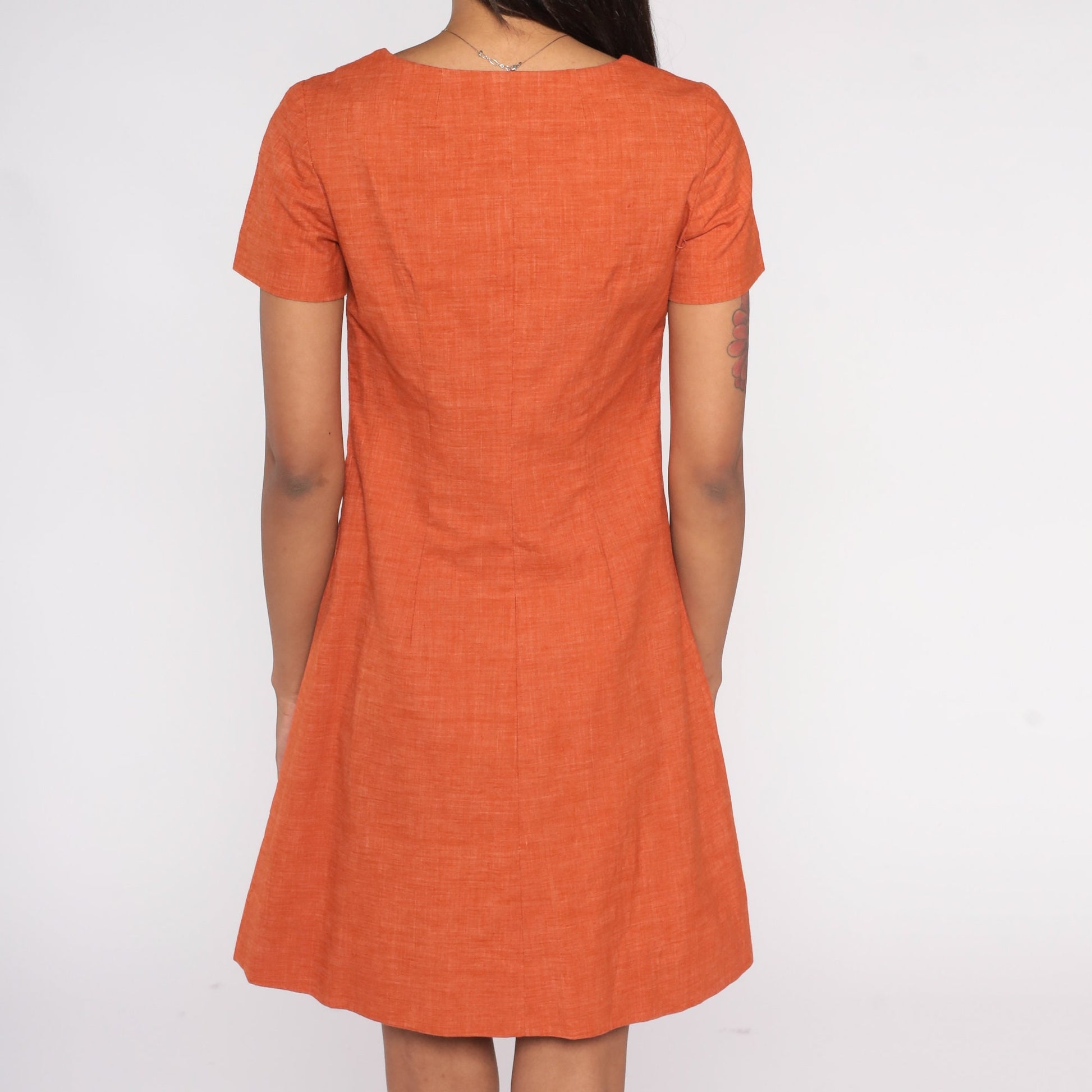 60s Burnt Orange Shift Dress Mini Button-Up Short Sleeve Cotton Extra Small