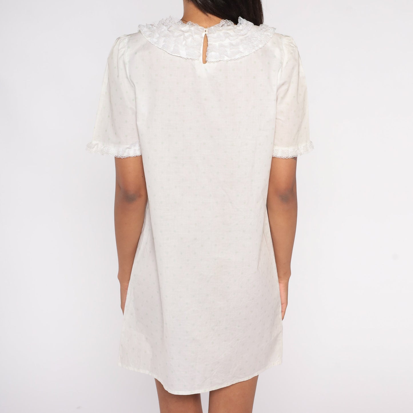 80s White Mini Dress Lace Collar Pleated Dot Print Short Sleeve Small