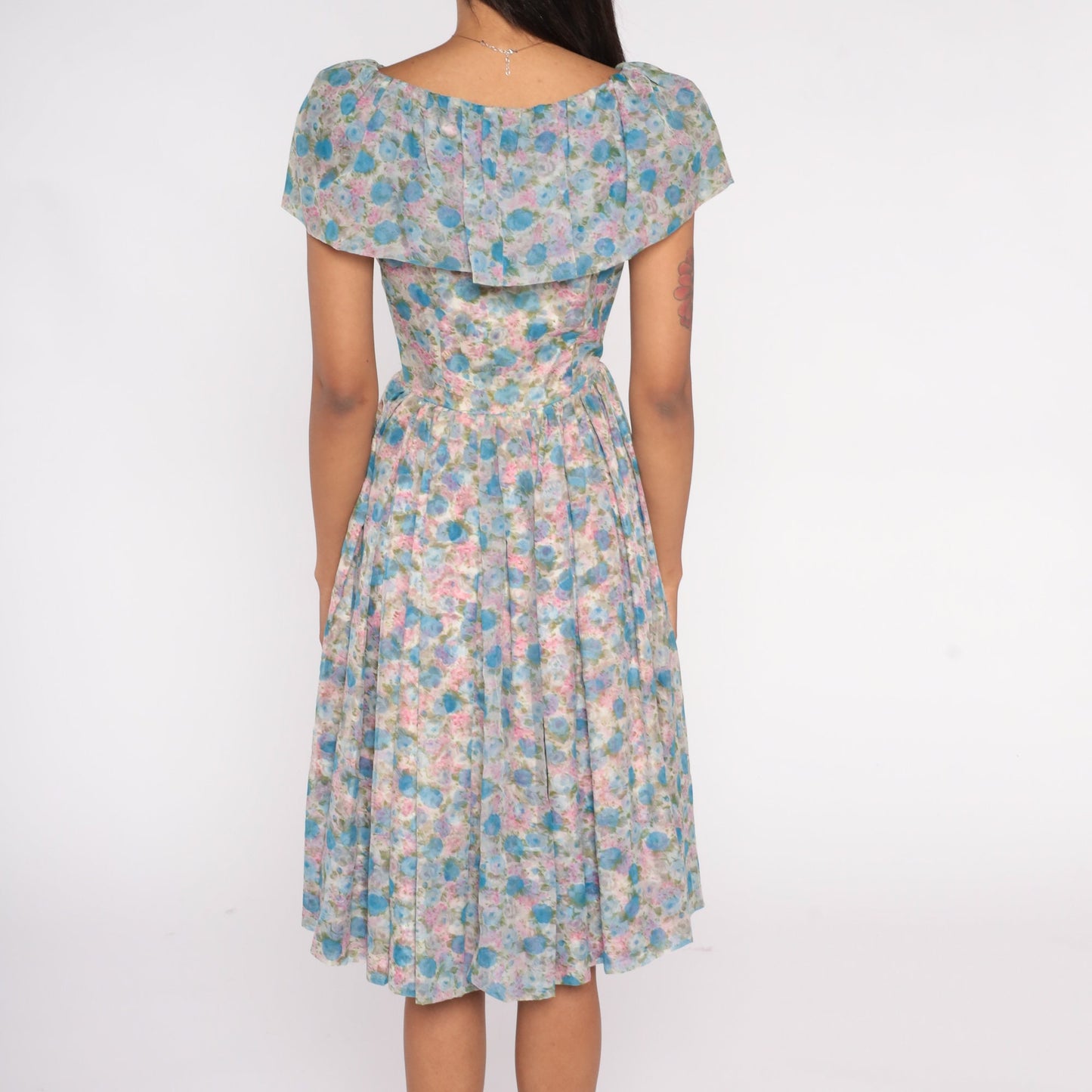 60s Floral Chiffon Midi Dress Ruffle Neckline High Waist Blue Pink Rose Small