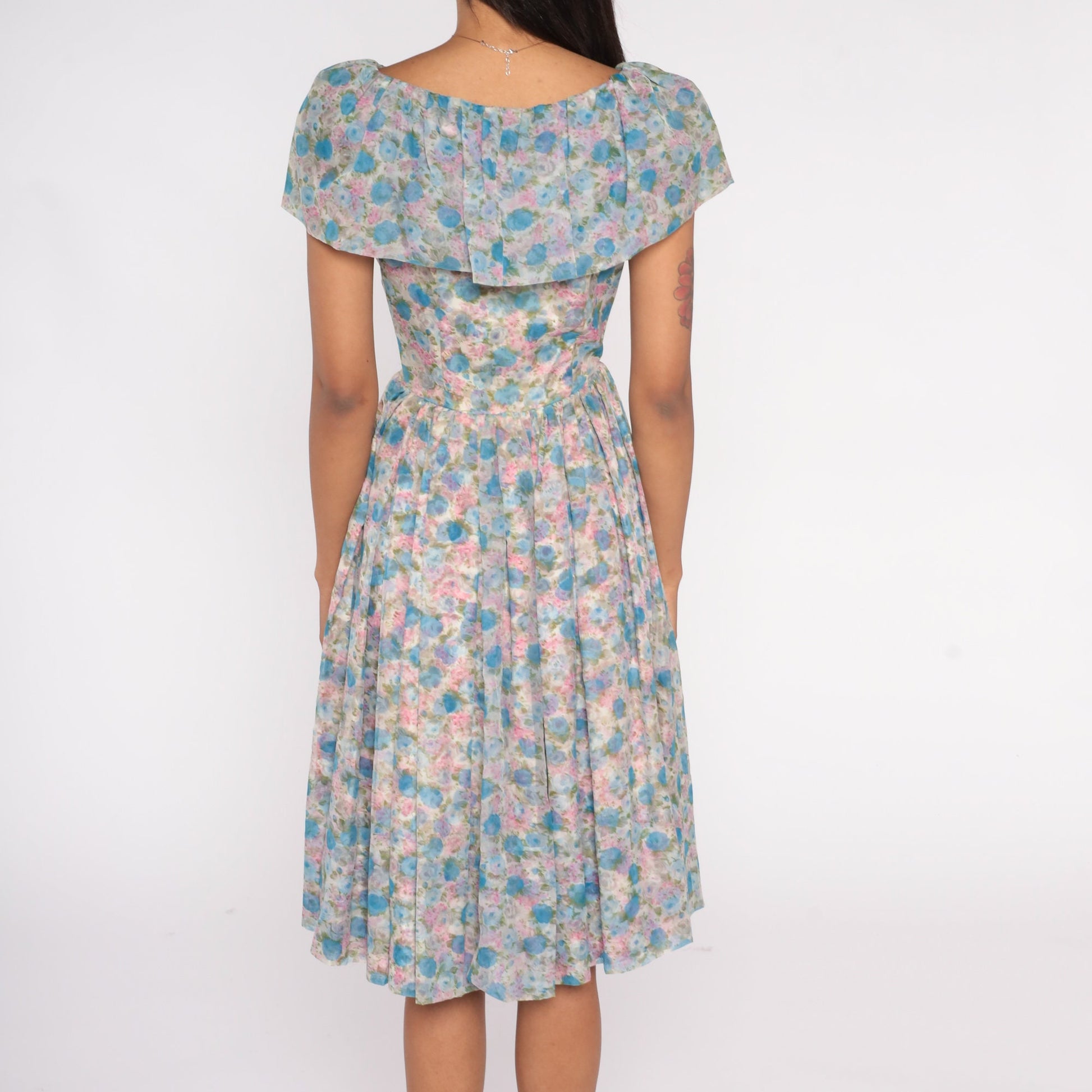 60s Floral Chiffon Midi Dress Ruffle Neckline High Waist Blue Pink Rose Small