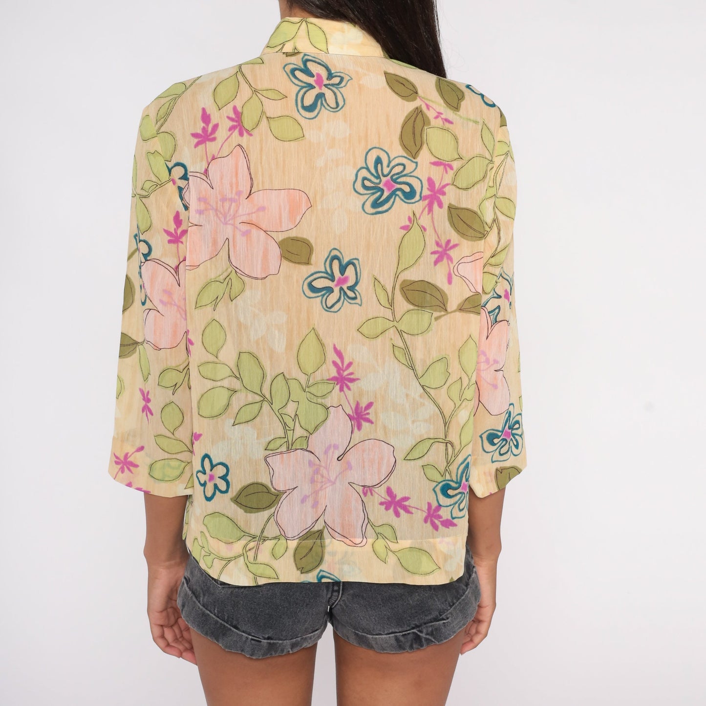 Y2K Floral Button-Up Blouse Semi Sheer Beige Long Sleeve Collared Medium
