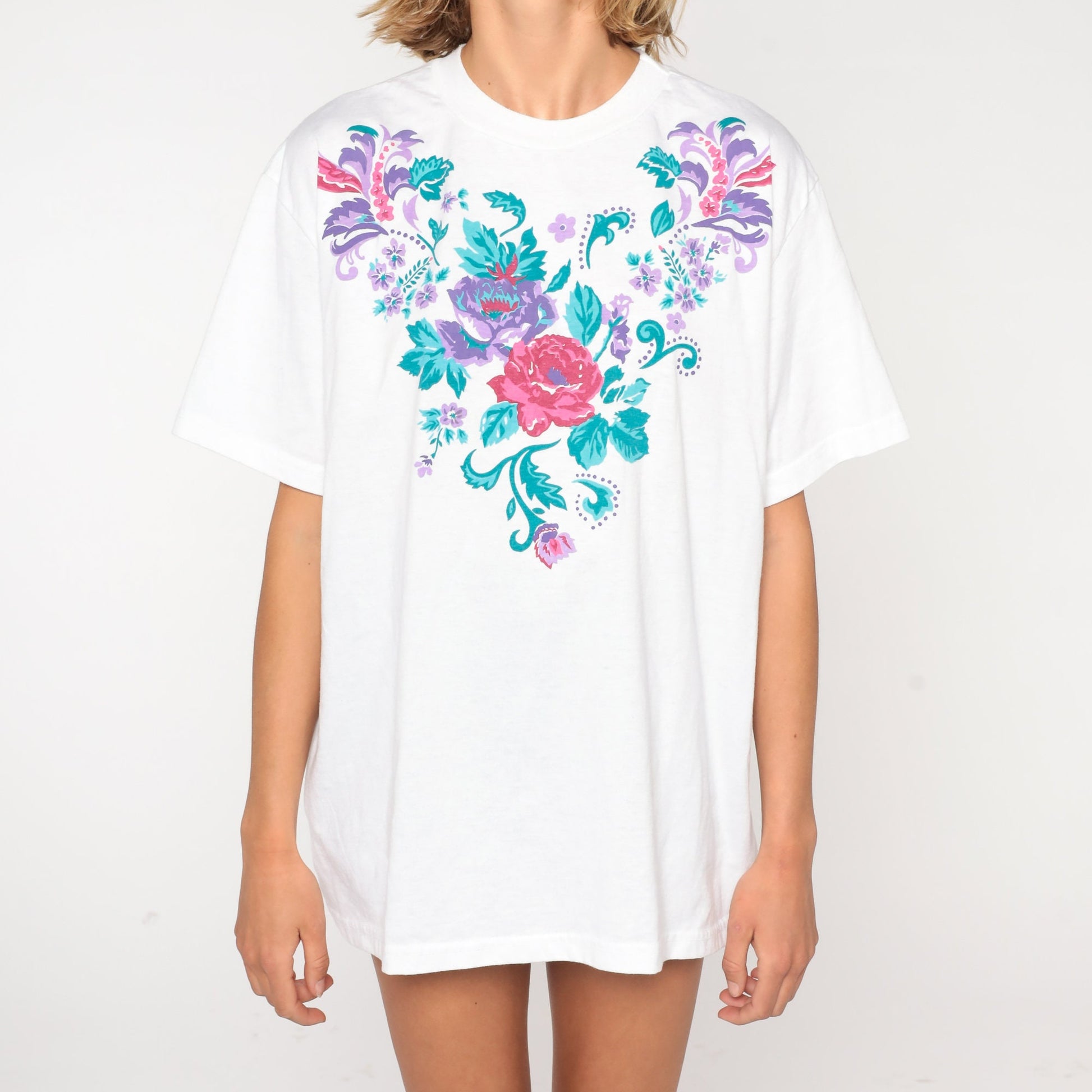 90s Floral Rose Graphic T-Shirt White Cotton Tee Extra Large XXL