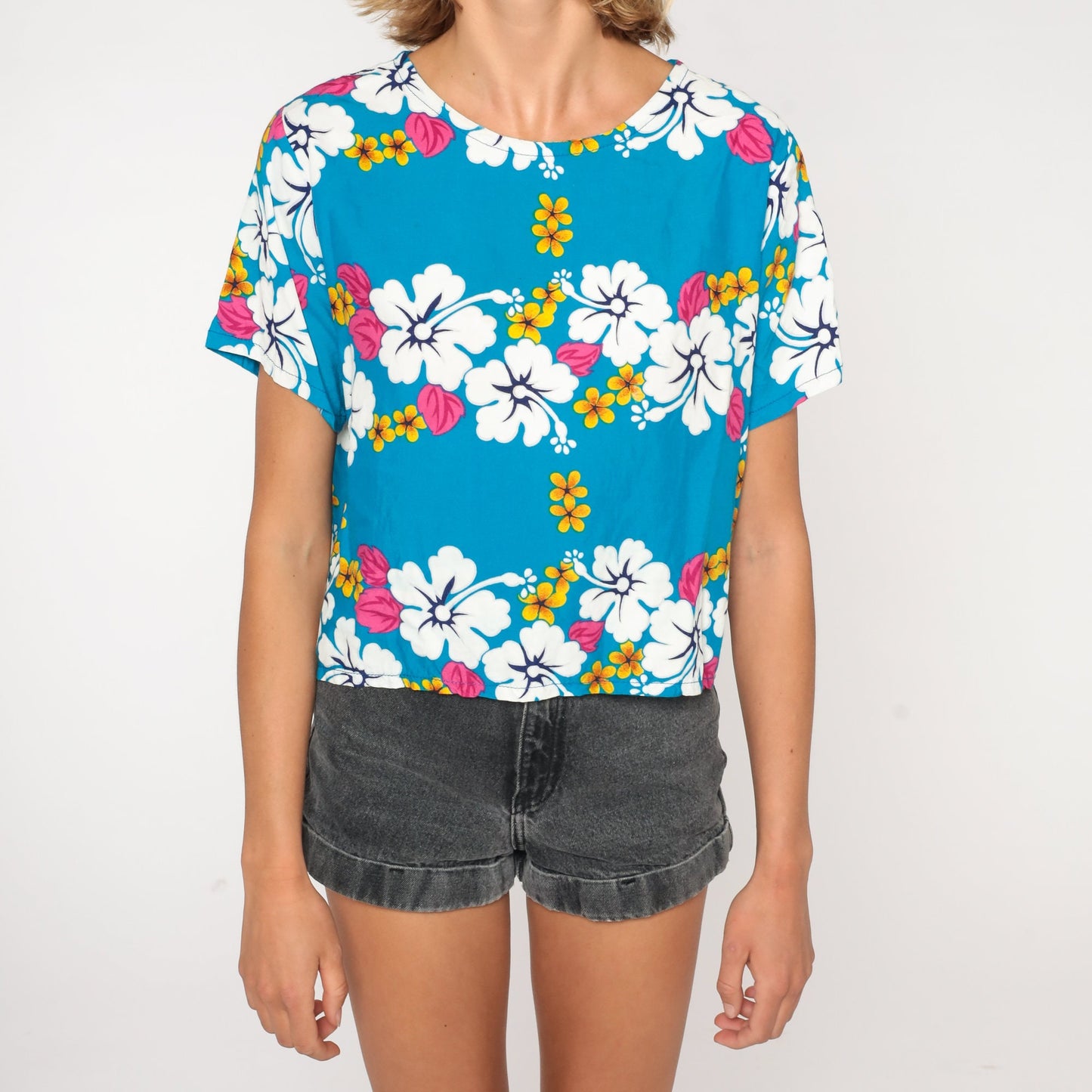 00s Tropical Floral Hibiscus T-Shirt Blue Hawaiian Print Tee Medium M