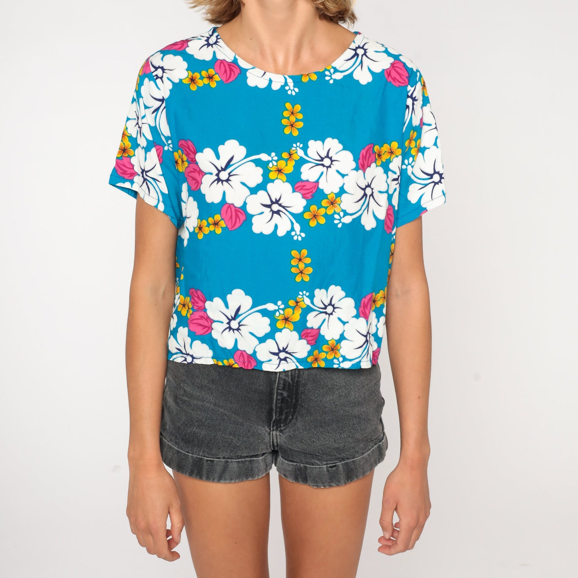 00s Tropical Floral Hibiscus T-Shirt Blue Hawaiian Print Tee Medium M