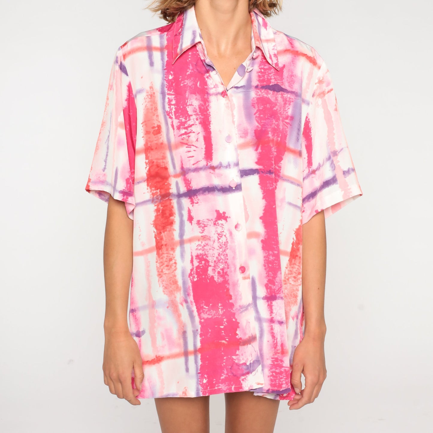 90s Abstract Brushstroke Button-Up Blouse Pink Purple Red Extra Large