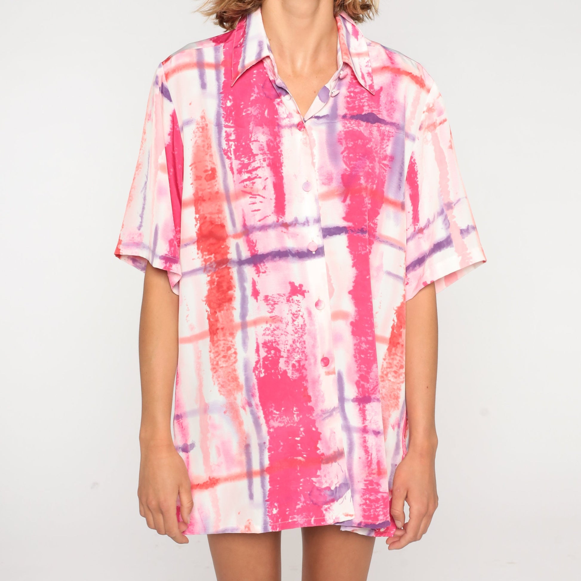 90s Abstract Brushstroke Button-Up Blouse Pink Purple Red Extra Large