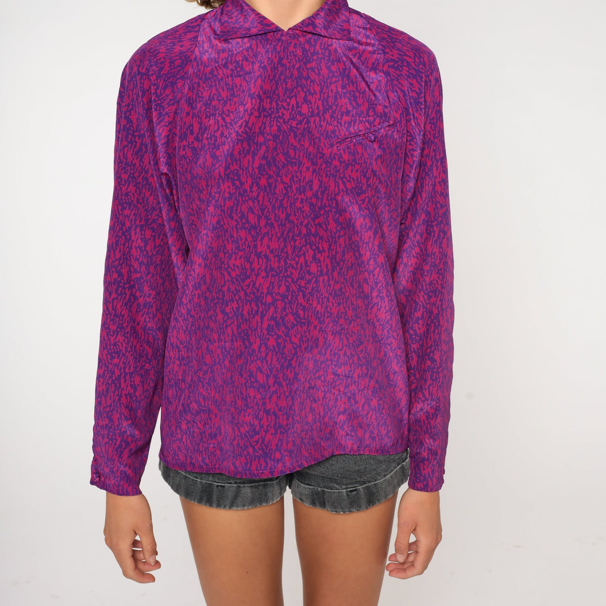 80s Purple Abstract Print Collared Blouse Long Sleeve Small