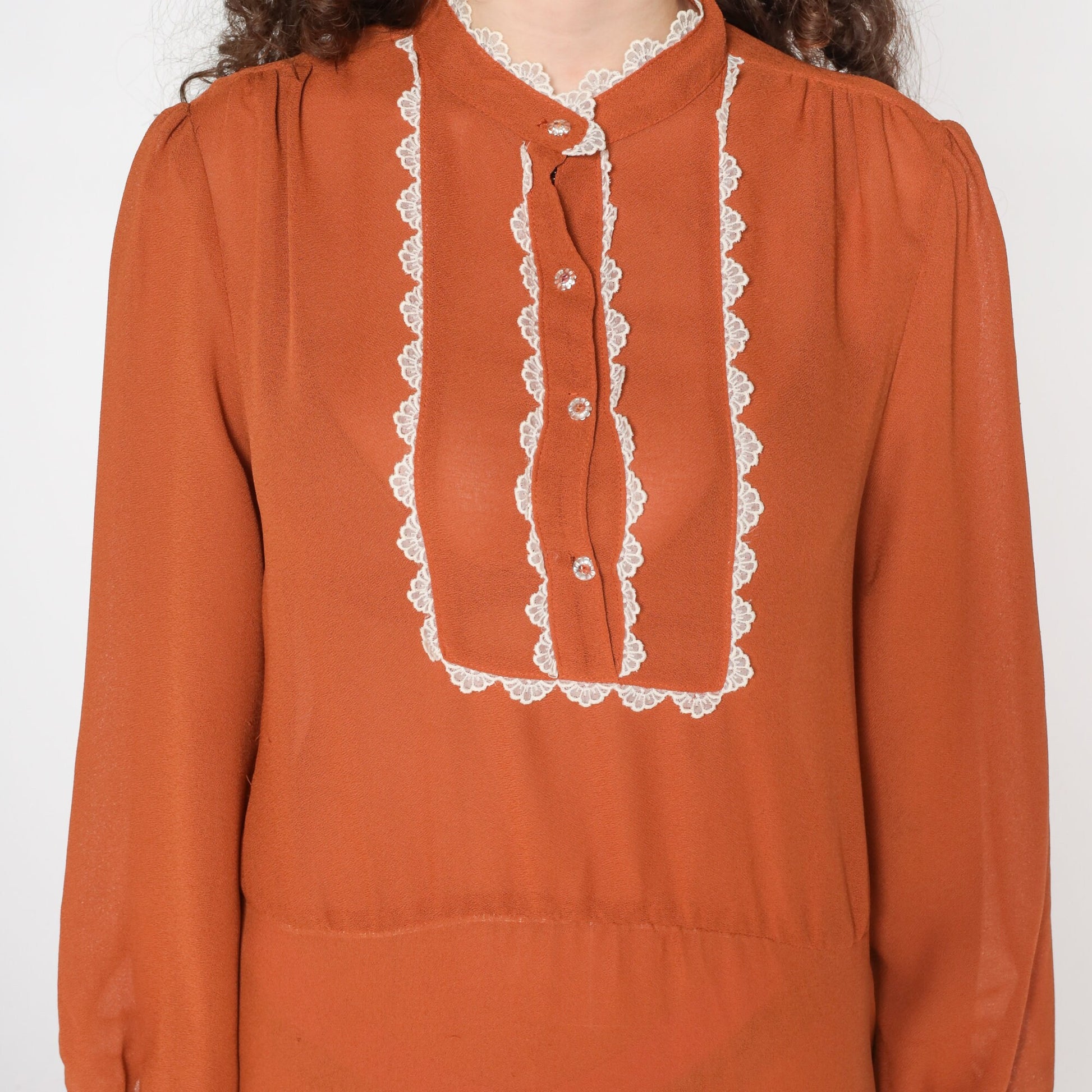 70s Brown Lace Bib Mini Dress Button-Up Long Sleeve Medium