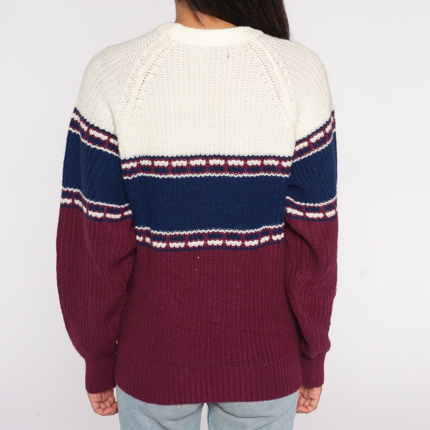 80s St. Johns Bay Colour Block Striped Raglan Sweater Purple Blue White Medium
