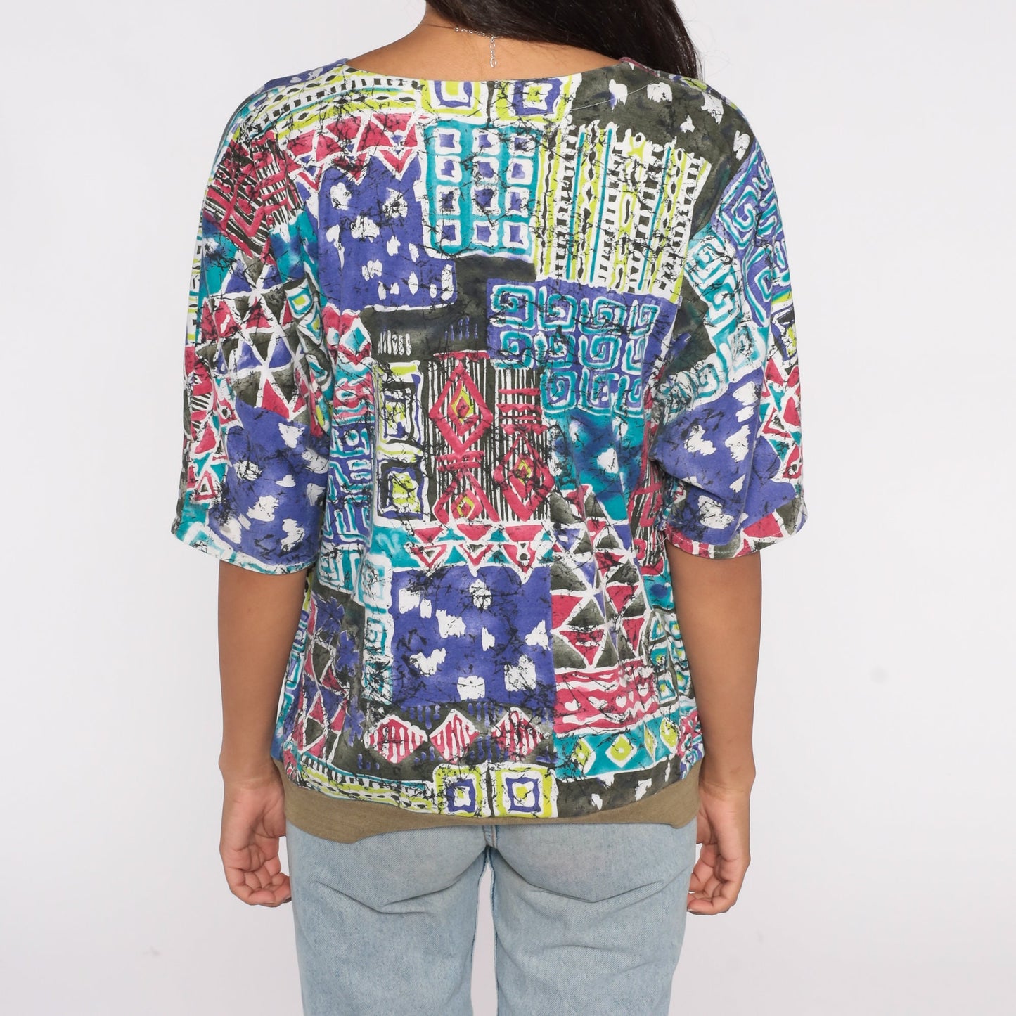 90s Batik Patchwork Geometric V-Neck Blouse Short Sleeve Large