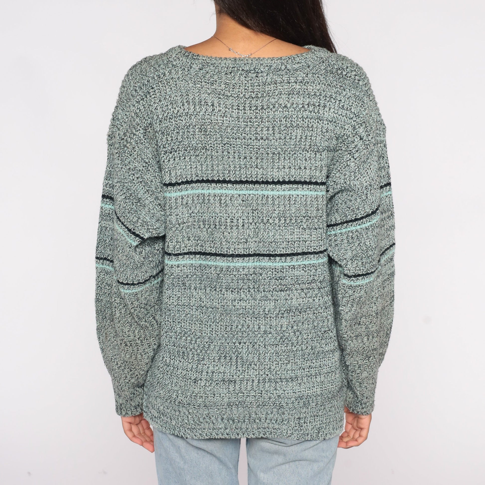 80s Flecked Striped Knit Sweater Navy Aqua Pullover Large L