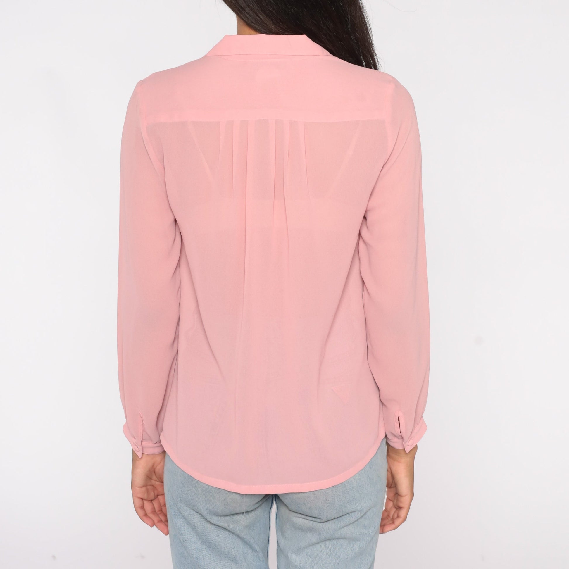 80s Pink Chiffon Blouse Long Sleeve Button Up Sheer Shirt Small
