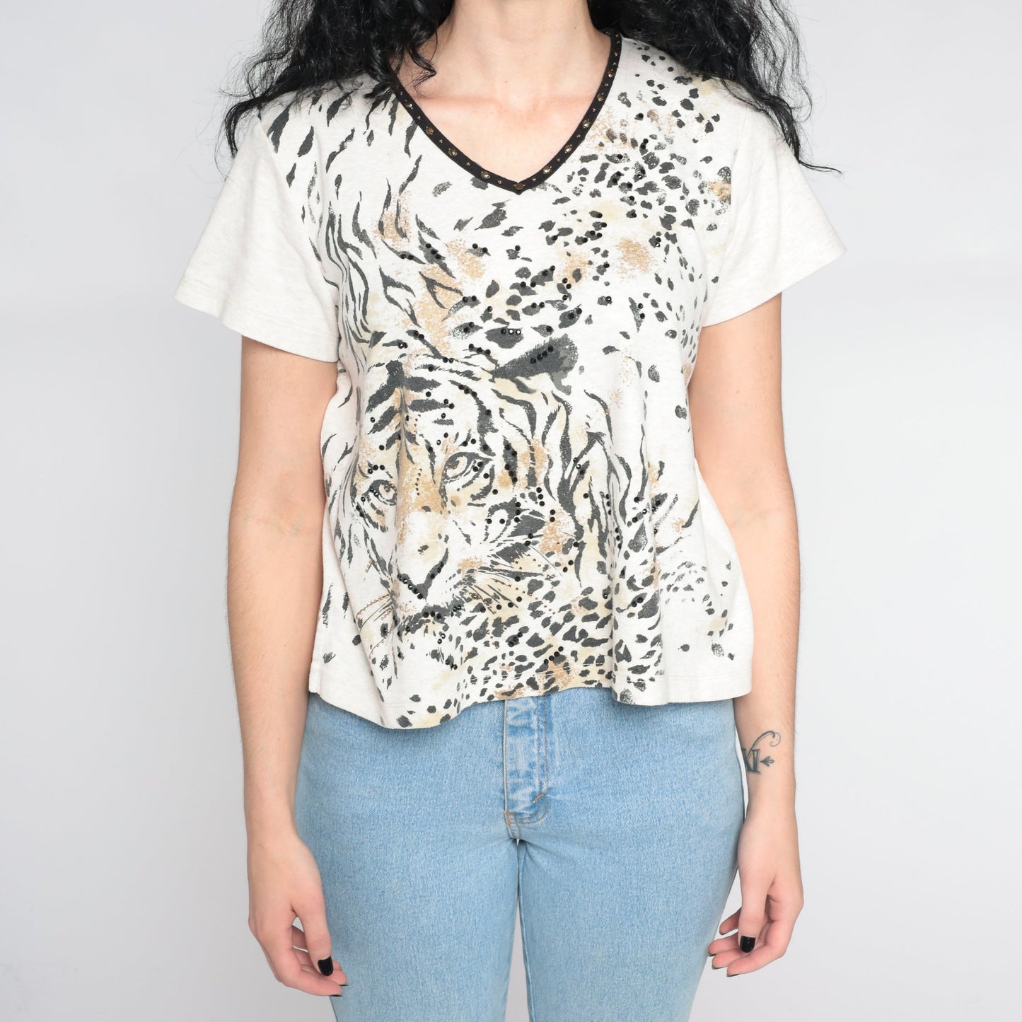 Y2K Tiger Face Studded Graphic T-Shirt Cream Beaded Animal Tee Large L