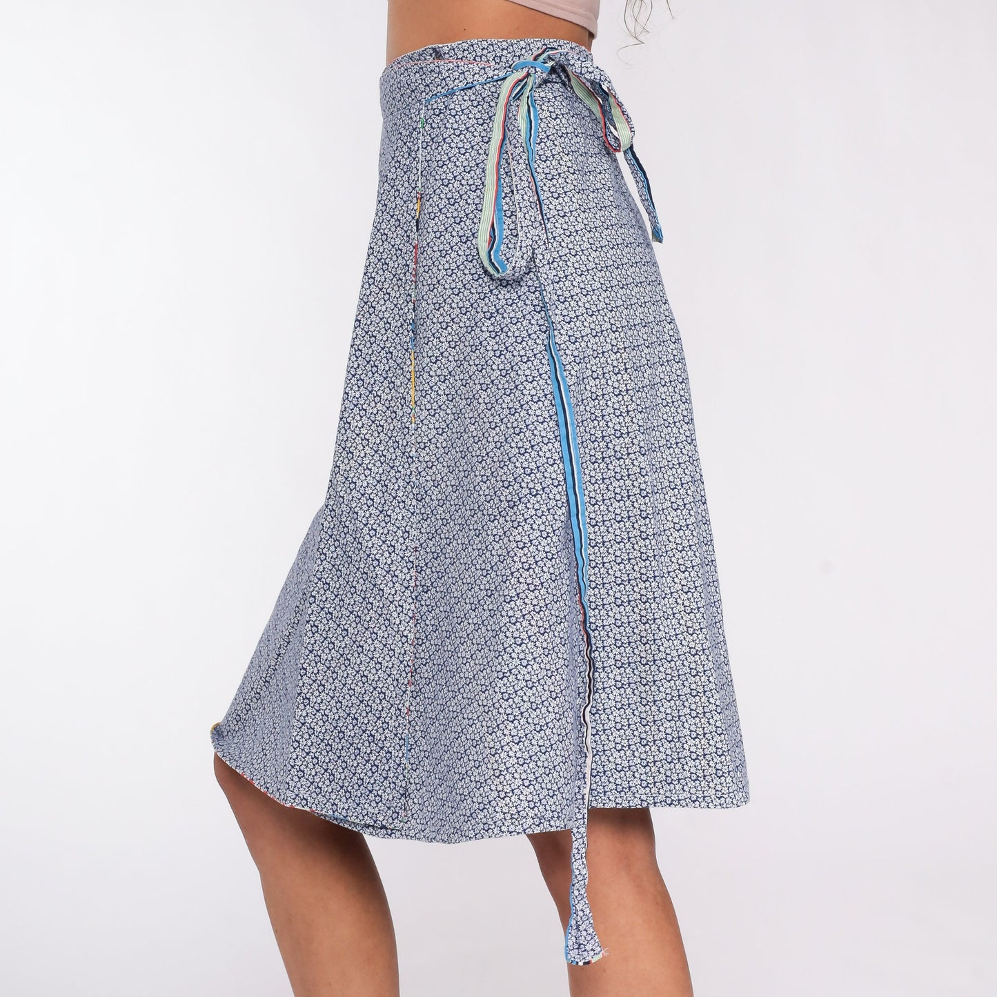 70s Reversible Wrap Skirt Rainbow Stripe Floral Blue Midi High Waist Medium