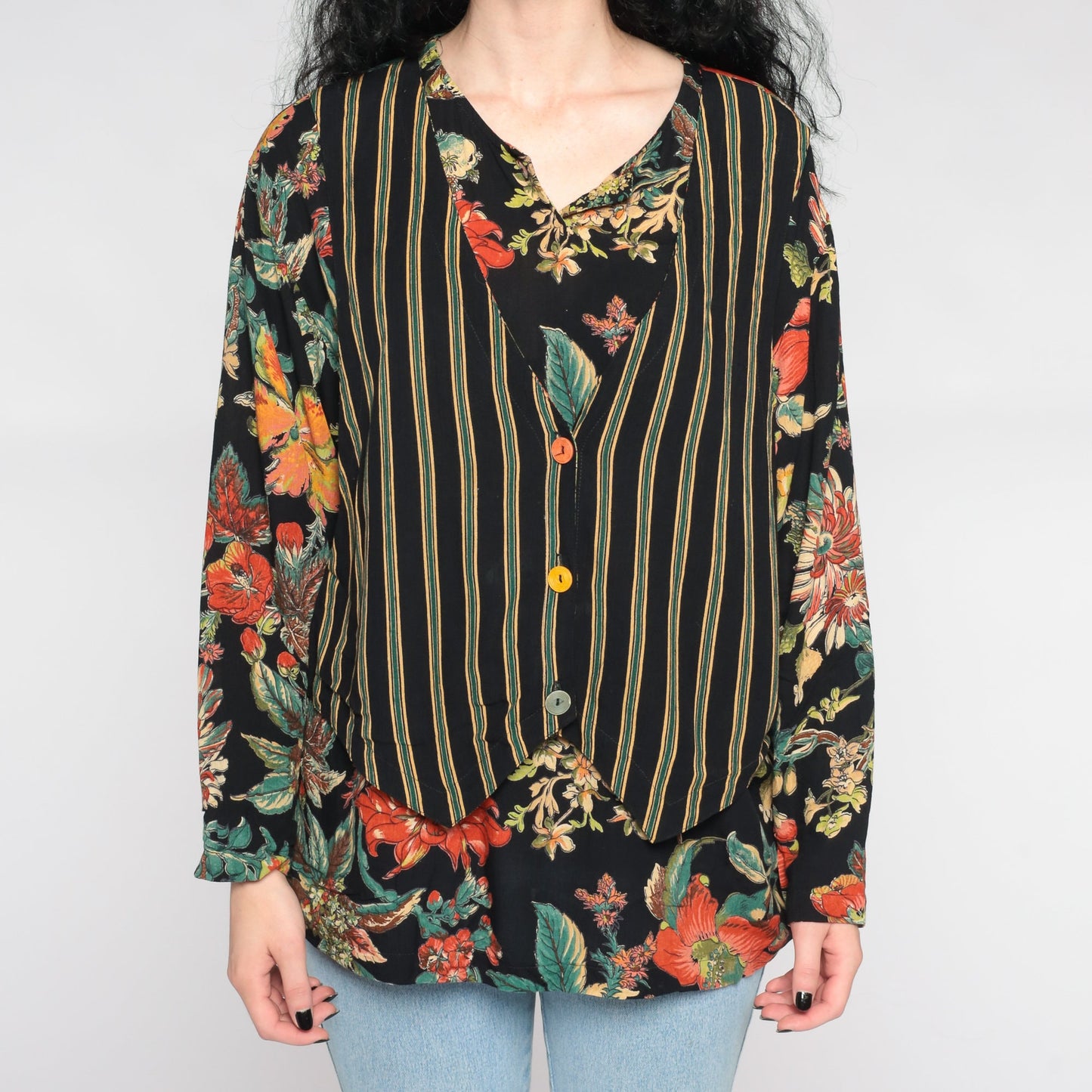 90s Carol Little Floral Blouse Black Striped Attached Vest Button Up Large
