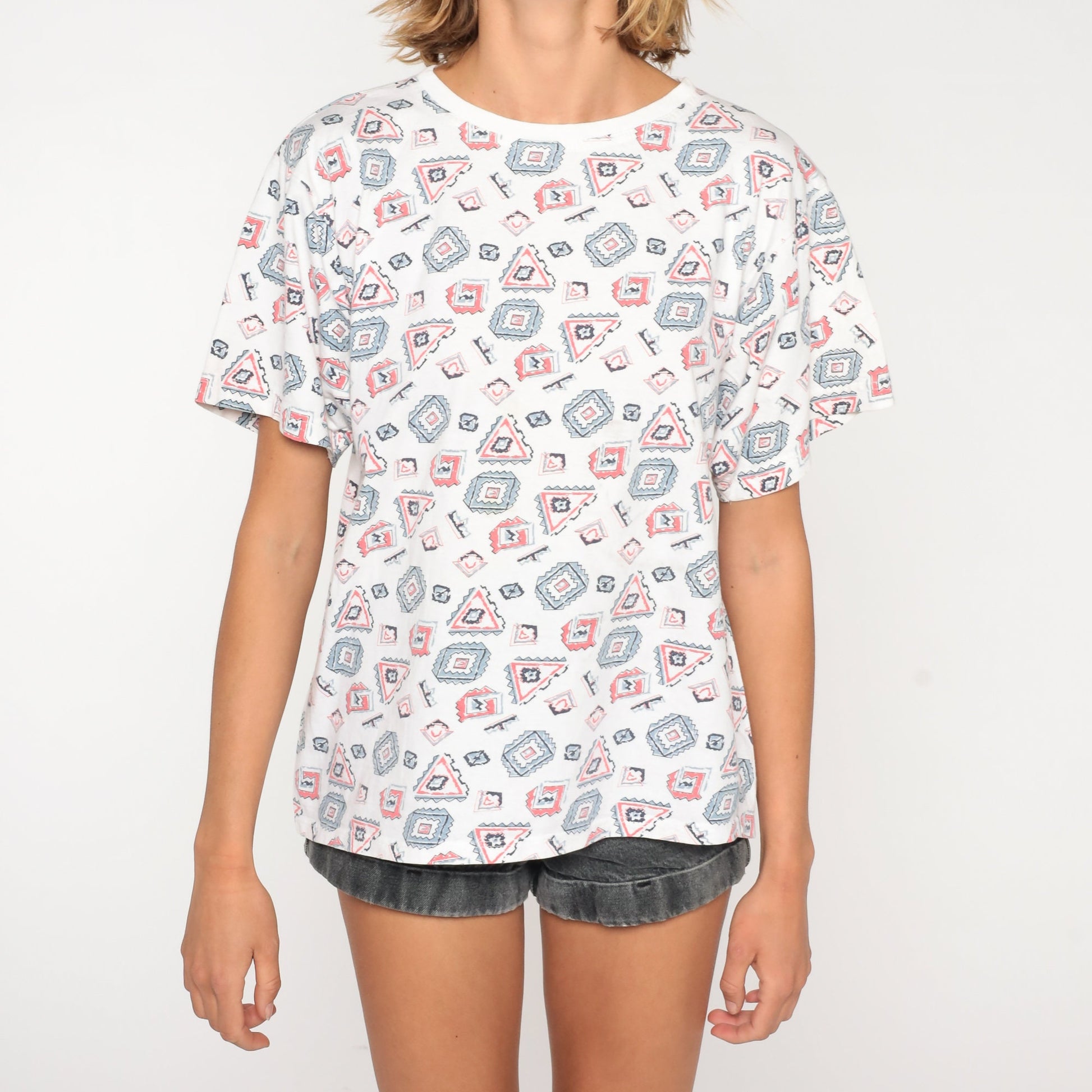 90s Geometric Print T-Shirt Southwestern Graphic Cotton Small