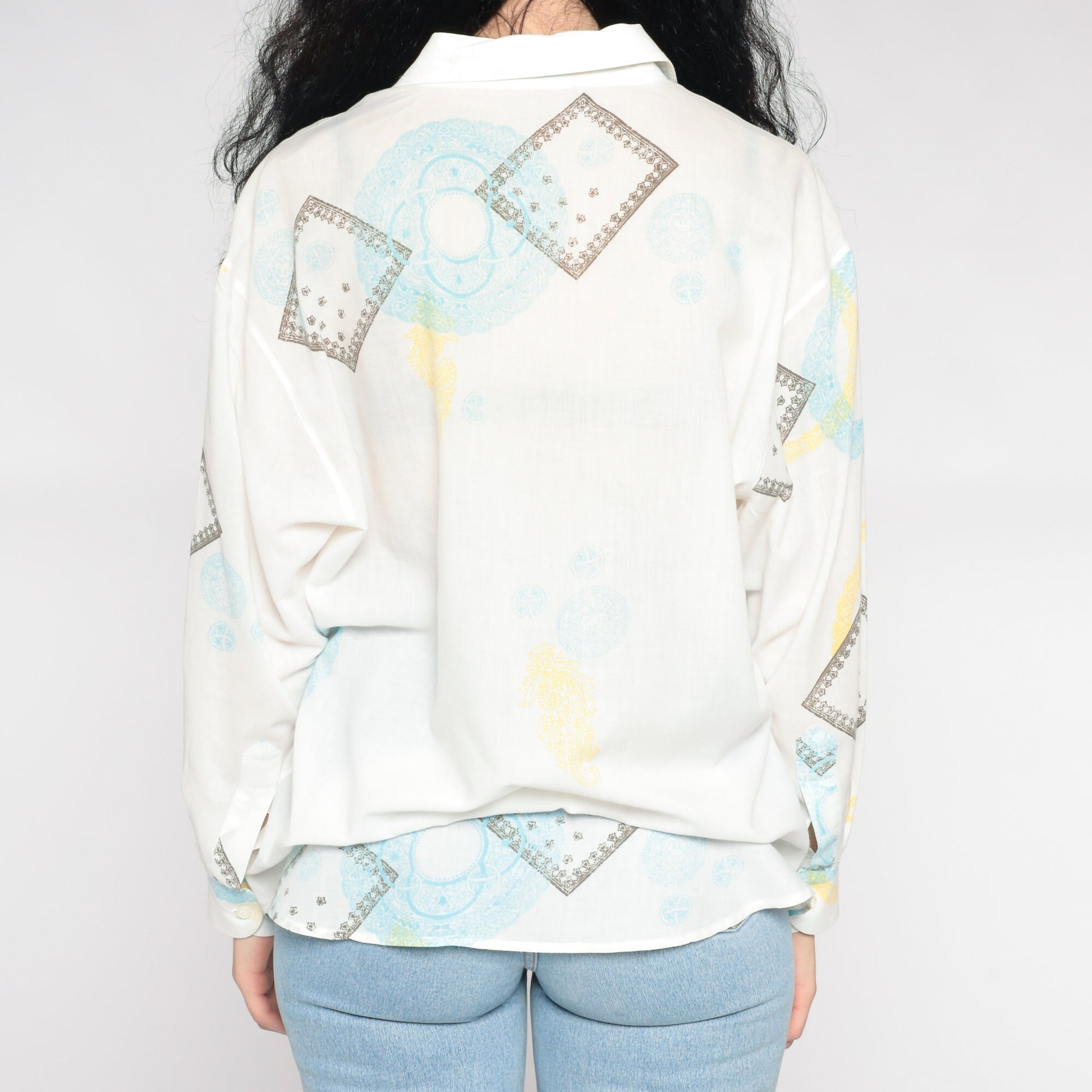 Y2K Geometric Button-Up Shirt White Pointed Collar 00s Long Sleeve Extra Large