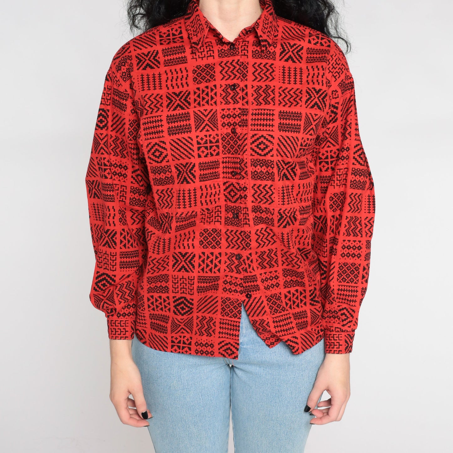 80s Liz Claiborne Geometric Button Up Shirt Red Southwestern Zig Zag Small