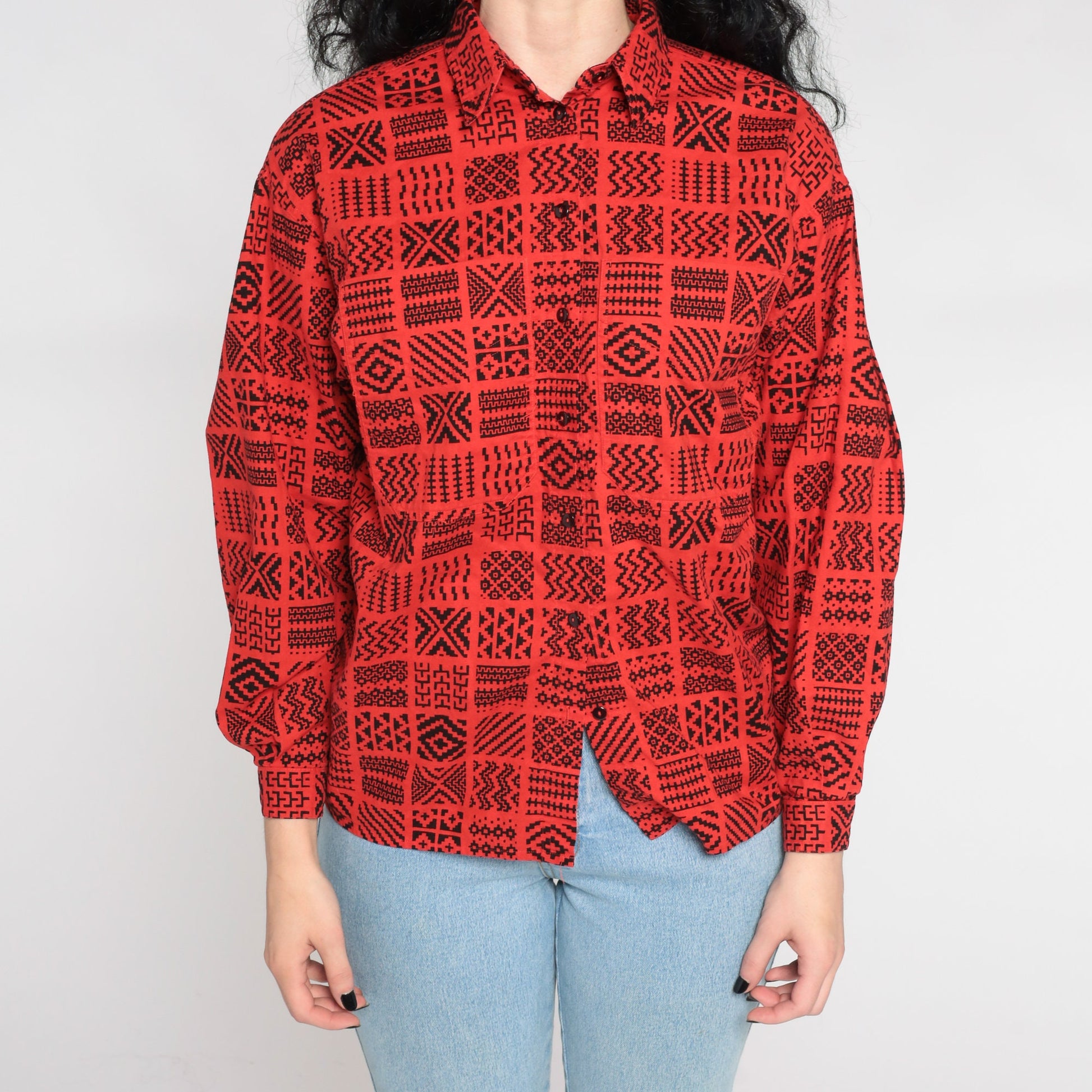 80s Liz Claiborne Geometric Button Up Shirt Red Southwestern Zig Zag Small