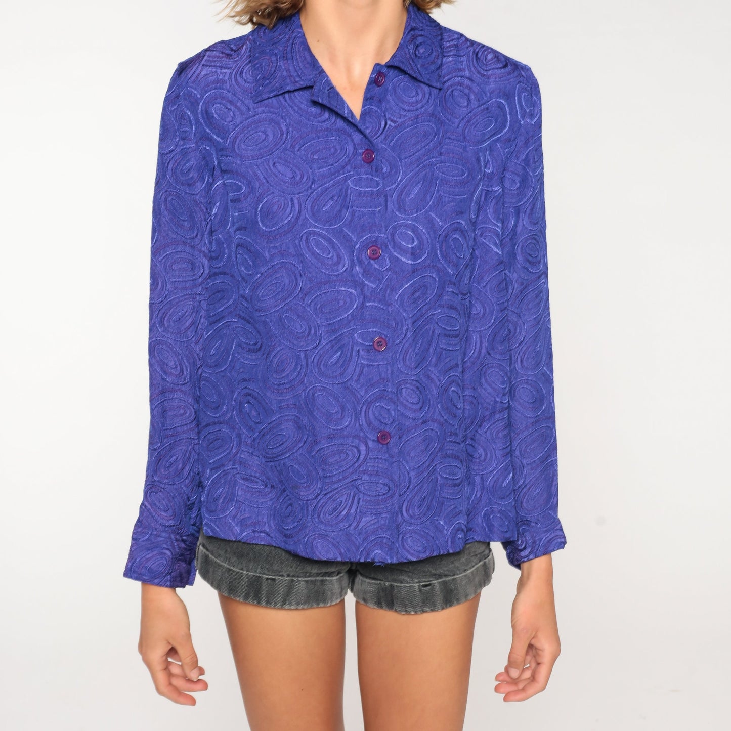 90s Purple Abstract Swirl Blouse Button Up Long Sleeve Collared Small
