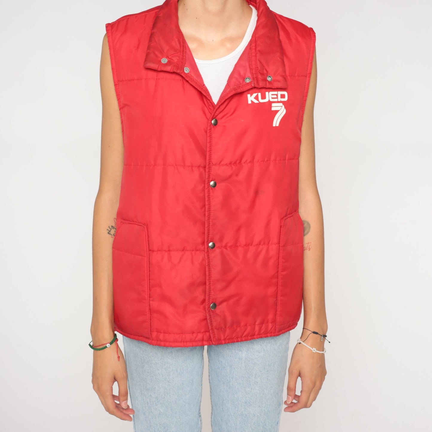80s KUED 7 PBS Utah Red Puffer Vest Snap Front Skiwear Large