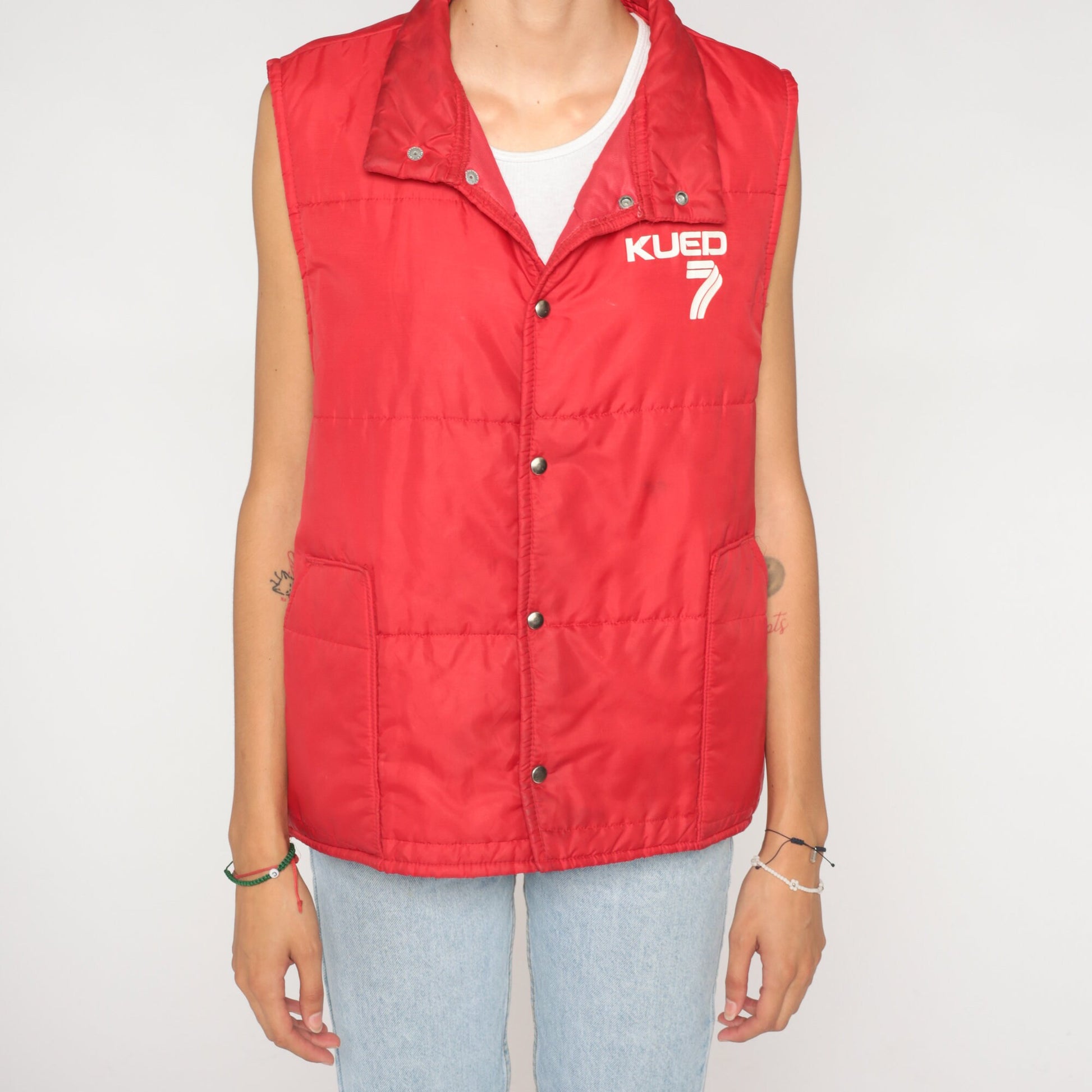 80s KUED 7 PBS Utah Red Puffer Vest Snap Front Skiwear Large