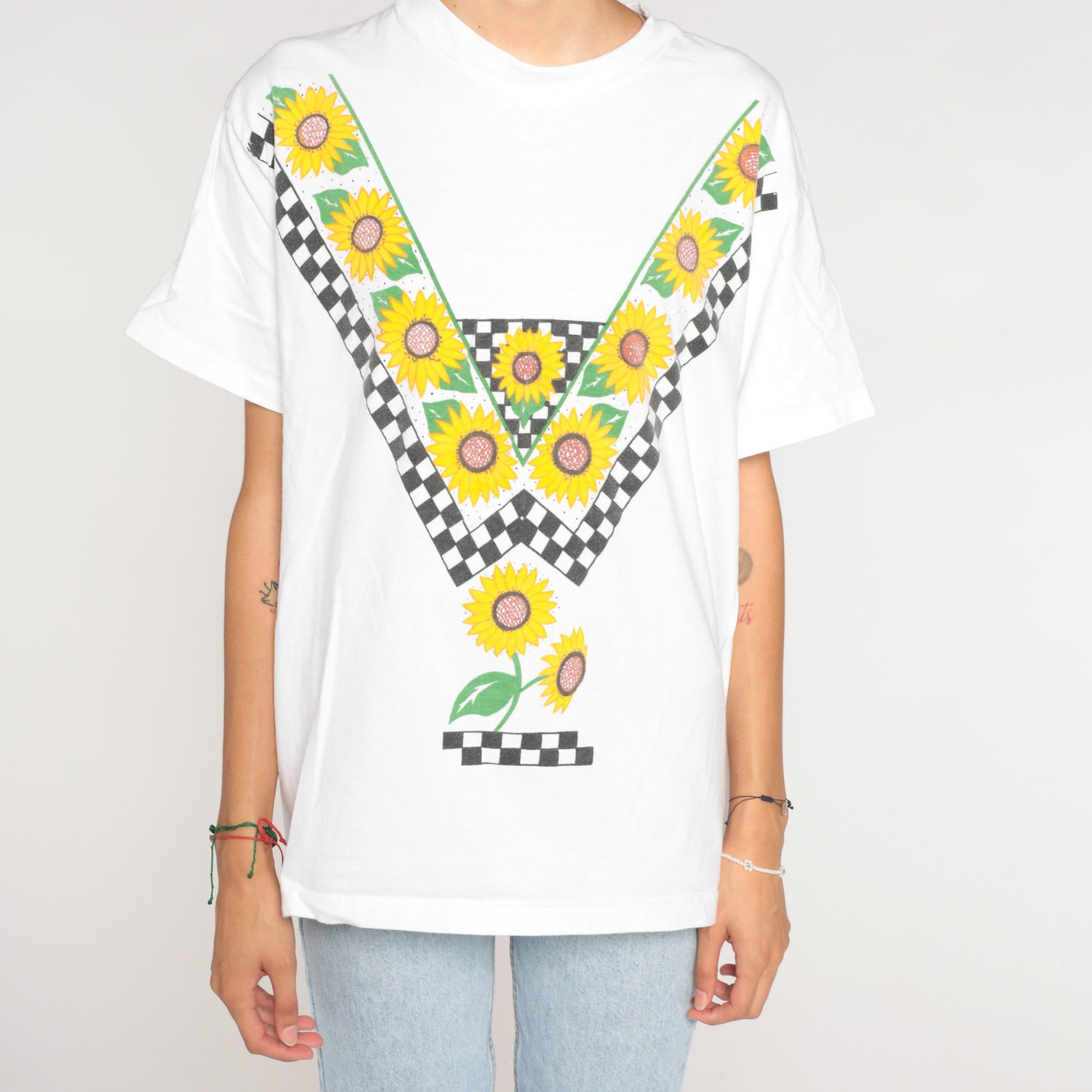 90s Sunflower Checkered Graphic T-Shirt White Cotton Single Stitch Large