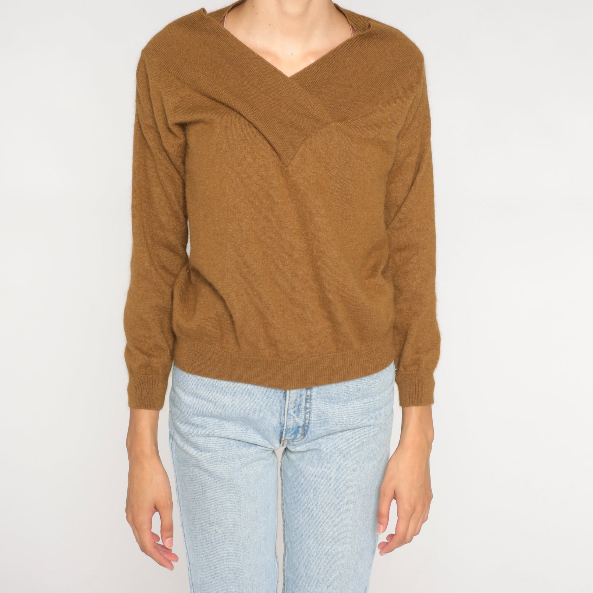 00s Brown Wool Sweater V-Neck Shawl Collar Pullover Small S