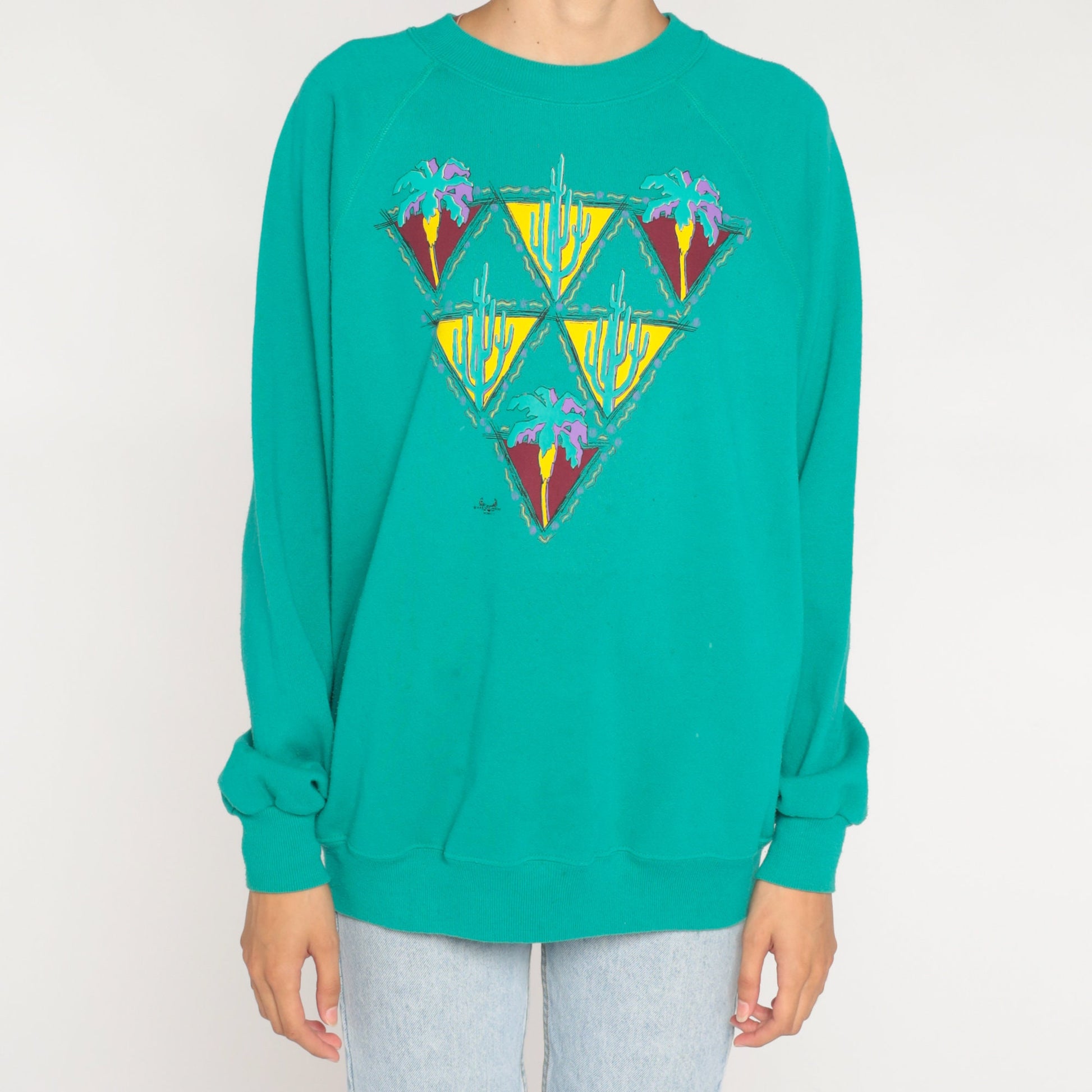 90s Desert Cactus Palm Tree Sweatshirt Green Raglan Graphic Large