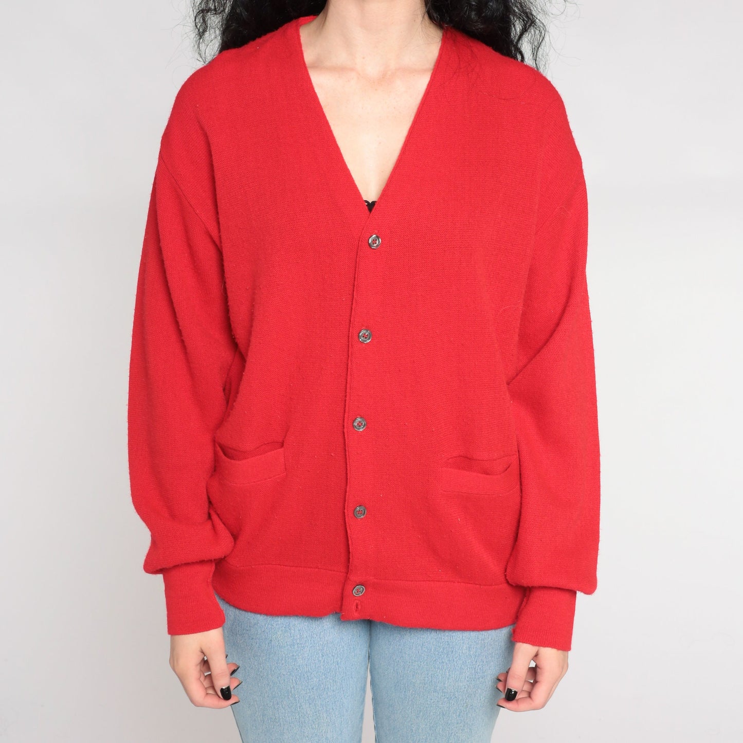 80s Red Knit Cardigan V-Neck Button-Up Sweater Large L