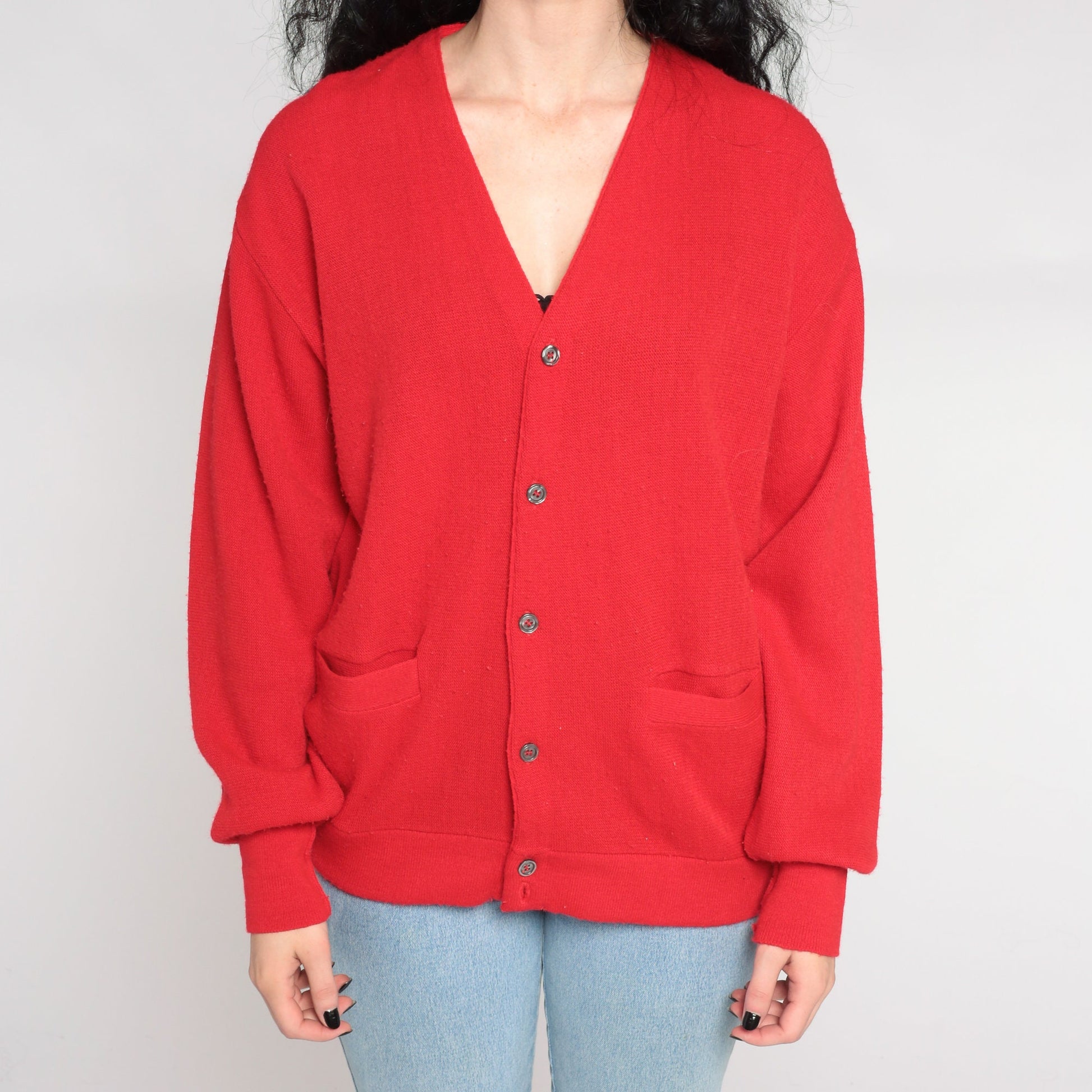 80s Red Knit Cardigan V-Neck Button-Up Sweater Large L